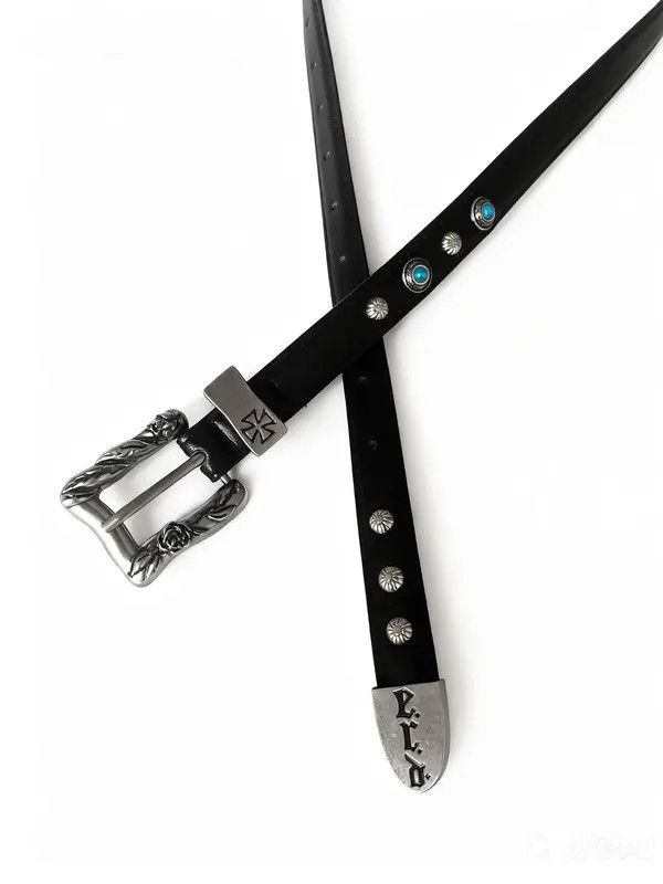 Leather Black Leather Belt with Silver Buckle and Turquoise Accents Size ONE SIZE - 6 Thumbnail
