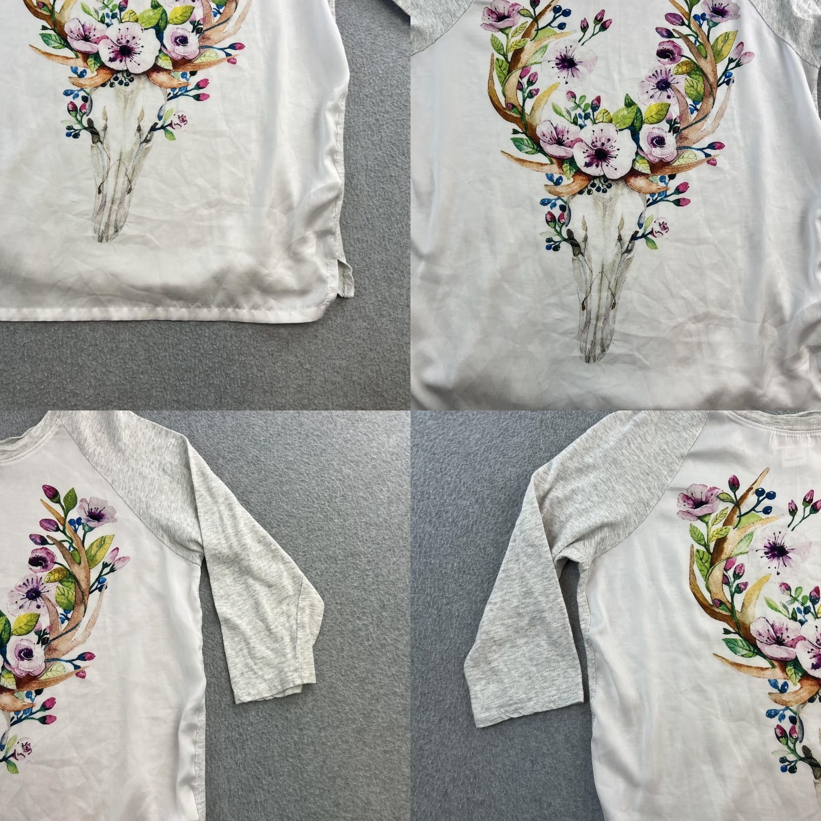 Ariat Ariat Shirt Womens Small White Gray Floral Antler Skull Raglan Western Top Size S / US 4 / IT 40 - 8 Thumbnail