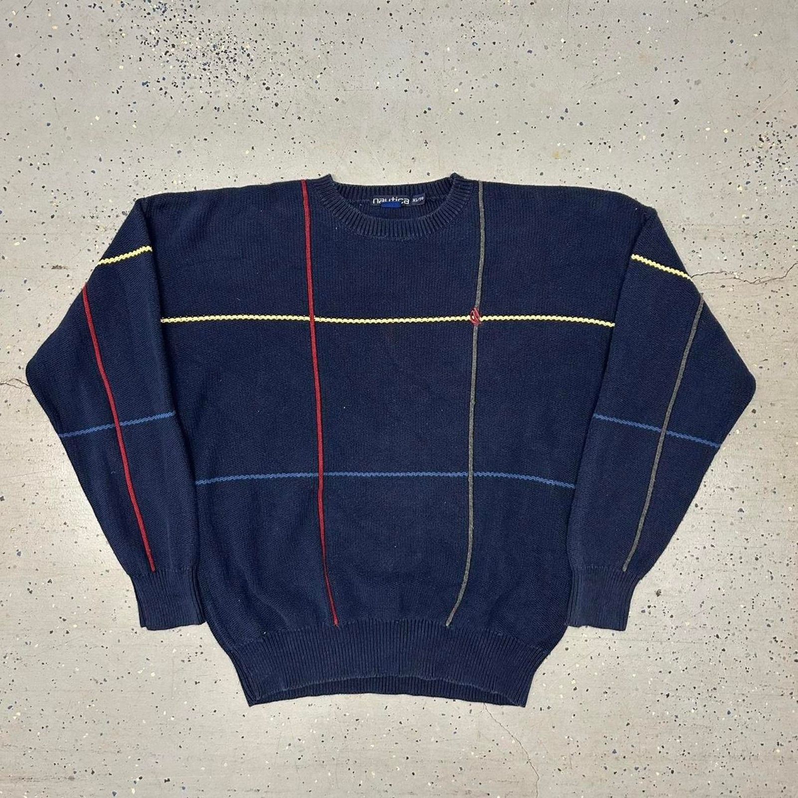 Nautica VTG 90s Navy blue Nautica sweater multi-coloured stripes Size US XL / EU 56 / 4 - 1 Thumbnail