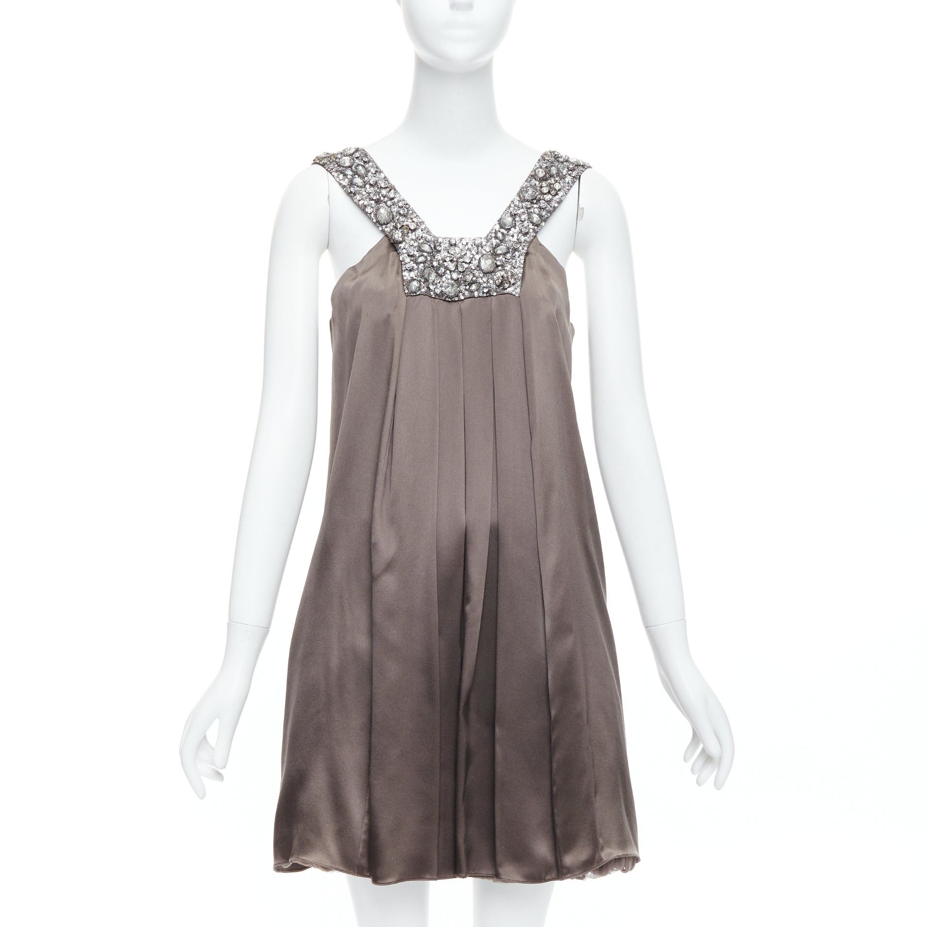 COLLETTE DINNIGAN 100% silk bronze embellished neckline mini dress S