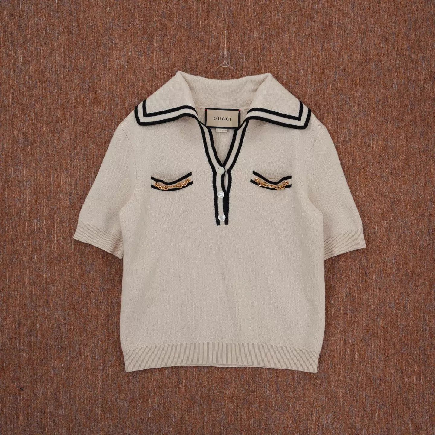 Gucci Gucci Beige Navy Collar Short-Sleeve Knit Top S 165 Size S / US 4 / IT 40 - 1 Thumbnail