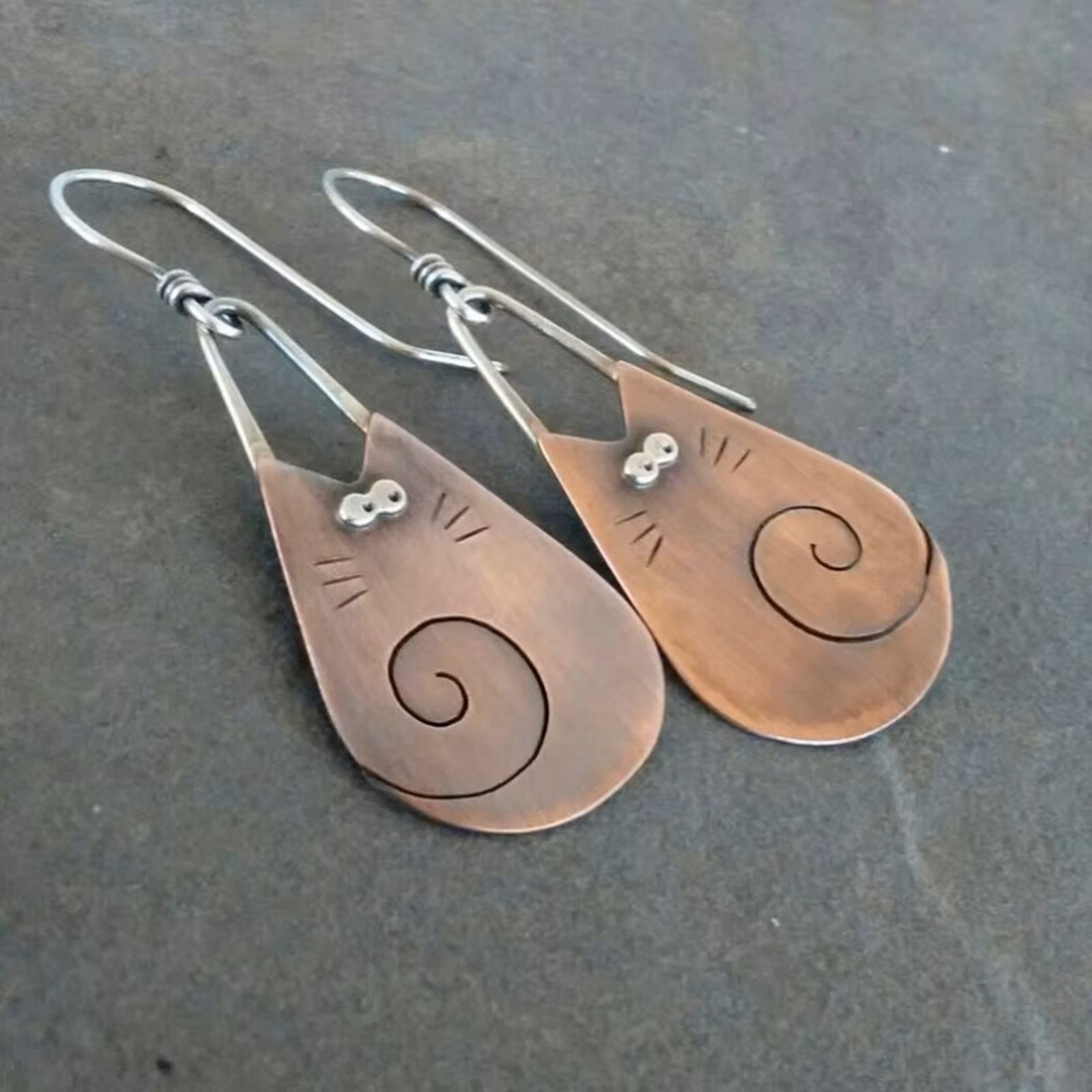 Designer Copper Cat Dangle Earrings Hooks Minimalist Design Size ONE SIZE - 10 Thumbnail