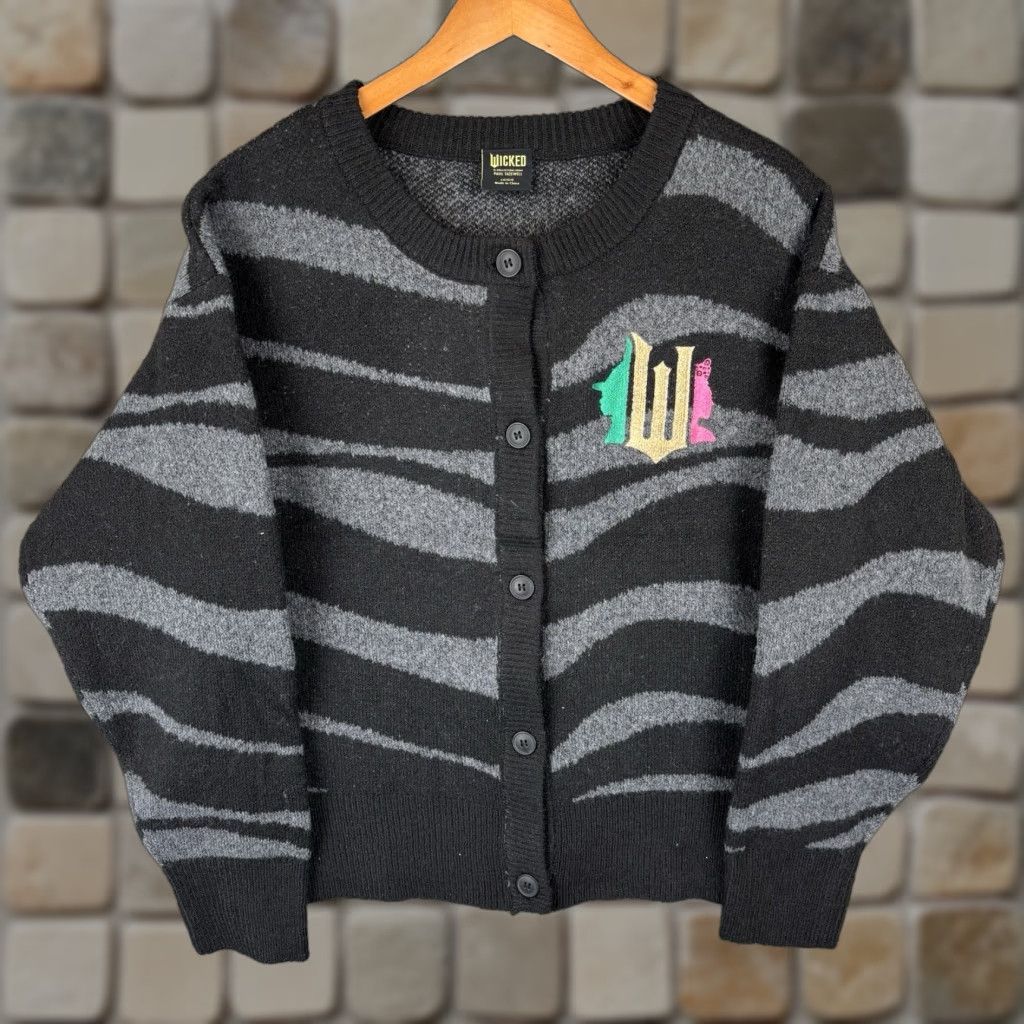 Vintage Wicked Sweater Cardigan Women Large Black Gray Zebra Stripe Button Logo Crew Neck Long Sleeve Knit Polyester Size L / US 10 / IT 46 - 1 Thumbnail