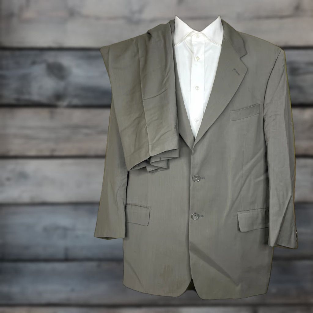 Franco Tassi 2 Piece Suit Mens 46R 40x30 Olive Green Solid Pure Wool Two Buttons