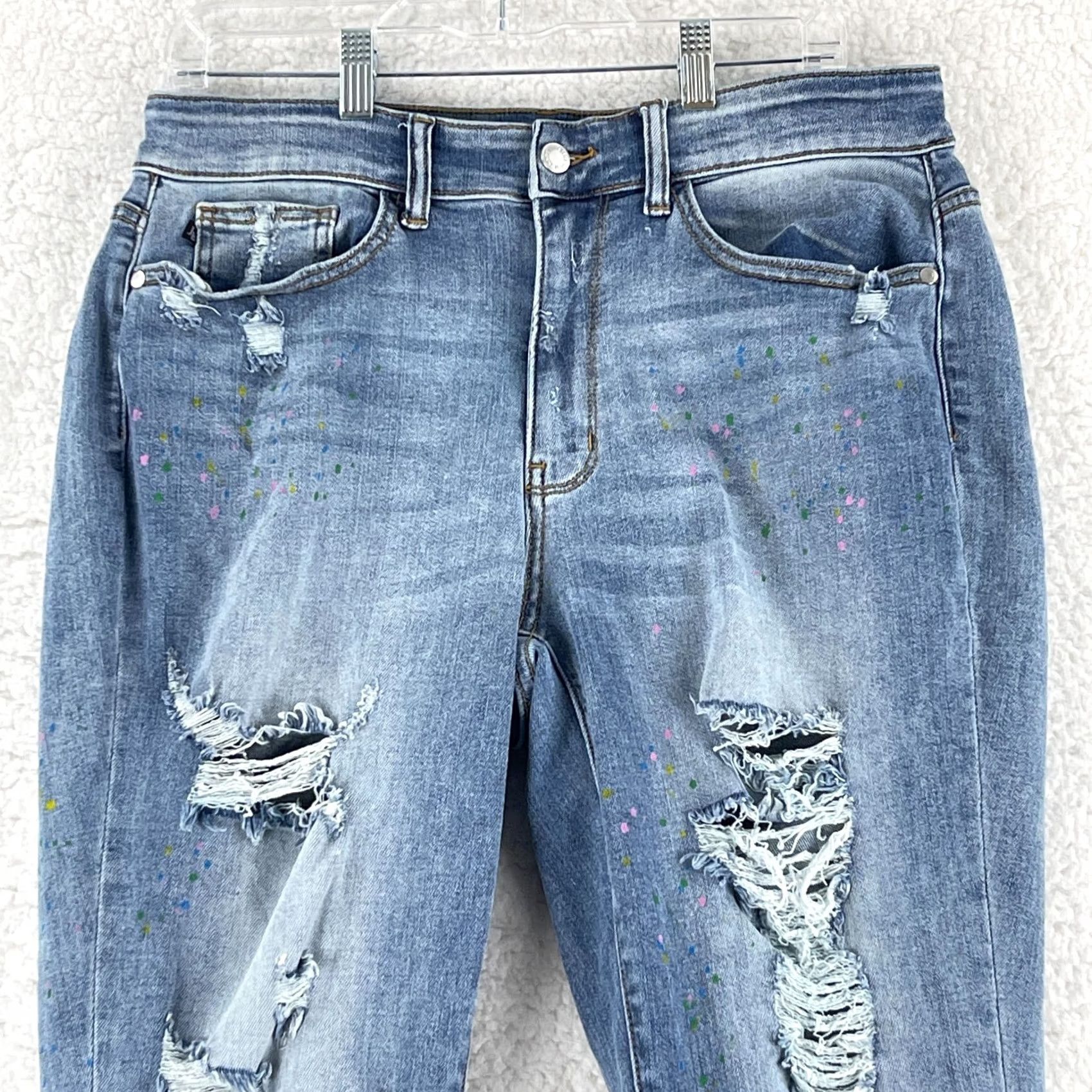 Denime Judy Blue Boyfriend Jeans Womens Size 14W Blue Denim Paint Splatter Distressed Jeans - 5-Pocket, High Rise, Inseam 29" - Plus Size, Regular Fit Size 36" / US 14 / IT 50 - 2 Thumbnail