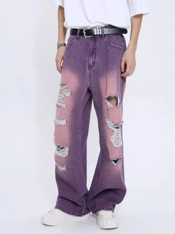 VIBE Distressed Purple Wide Leg Denim Jeans Size US 32 / EU 48 - 4 Thumbnail