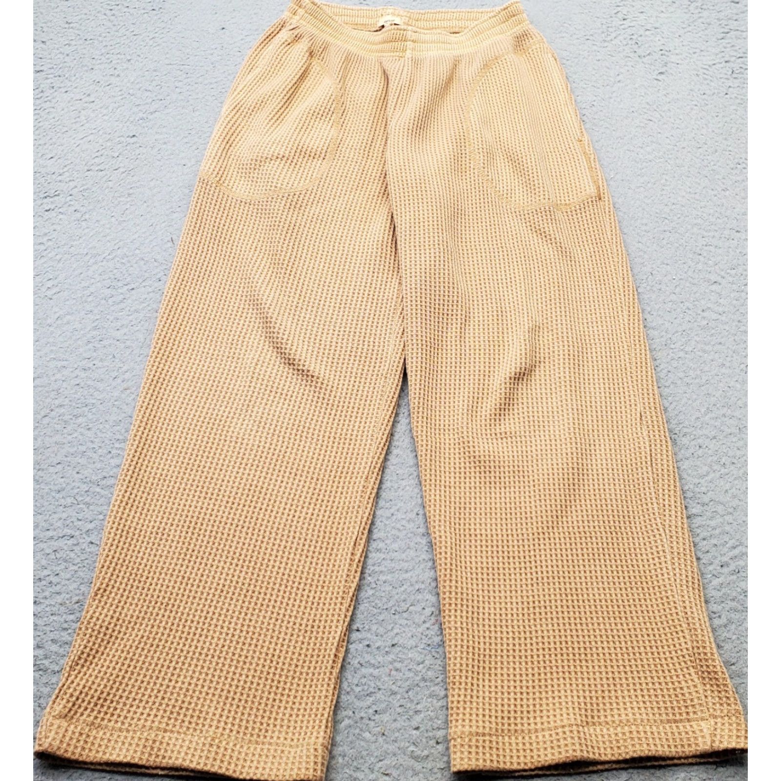 Vintage Aerie Womens XS Tan Waffle Knit Thermal Lounge Pants Wide Leg Elastic Waist Pockets Casual Size 26" / US 2 / IT 38 - 2 Thumbnail
