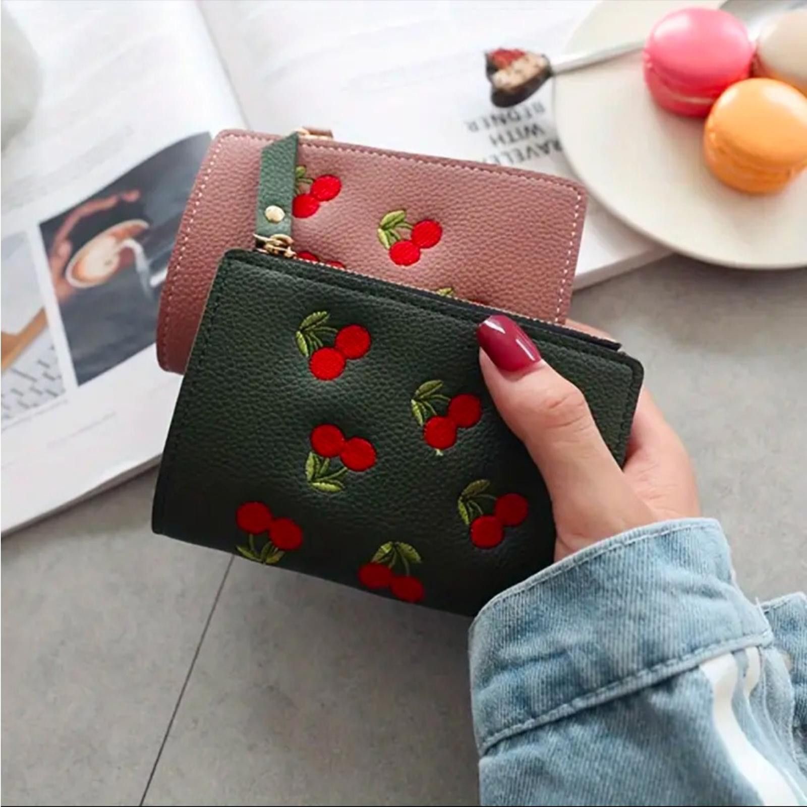 Designer Black Cherry Embroidered Vegan Leather Wallet Size ONE SIZE - 4 Thumbnail