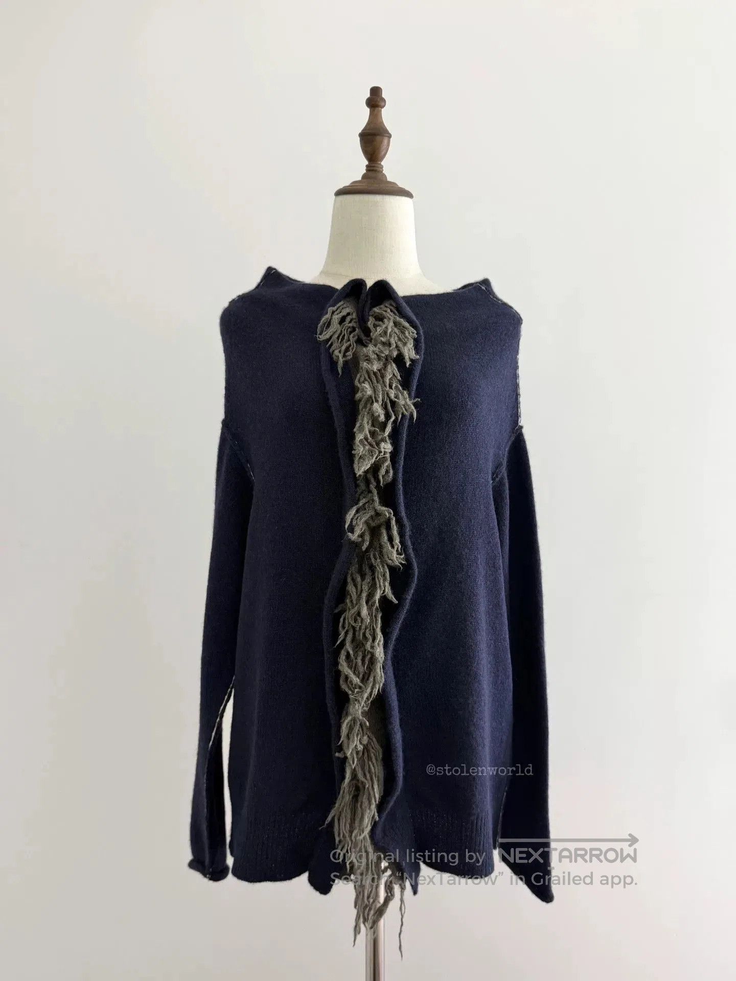 Y's navy wool knit top with fringe detail. Size S / US 4 / IT 40 - 2 Thumbnail
