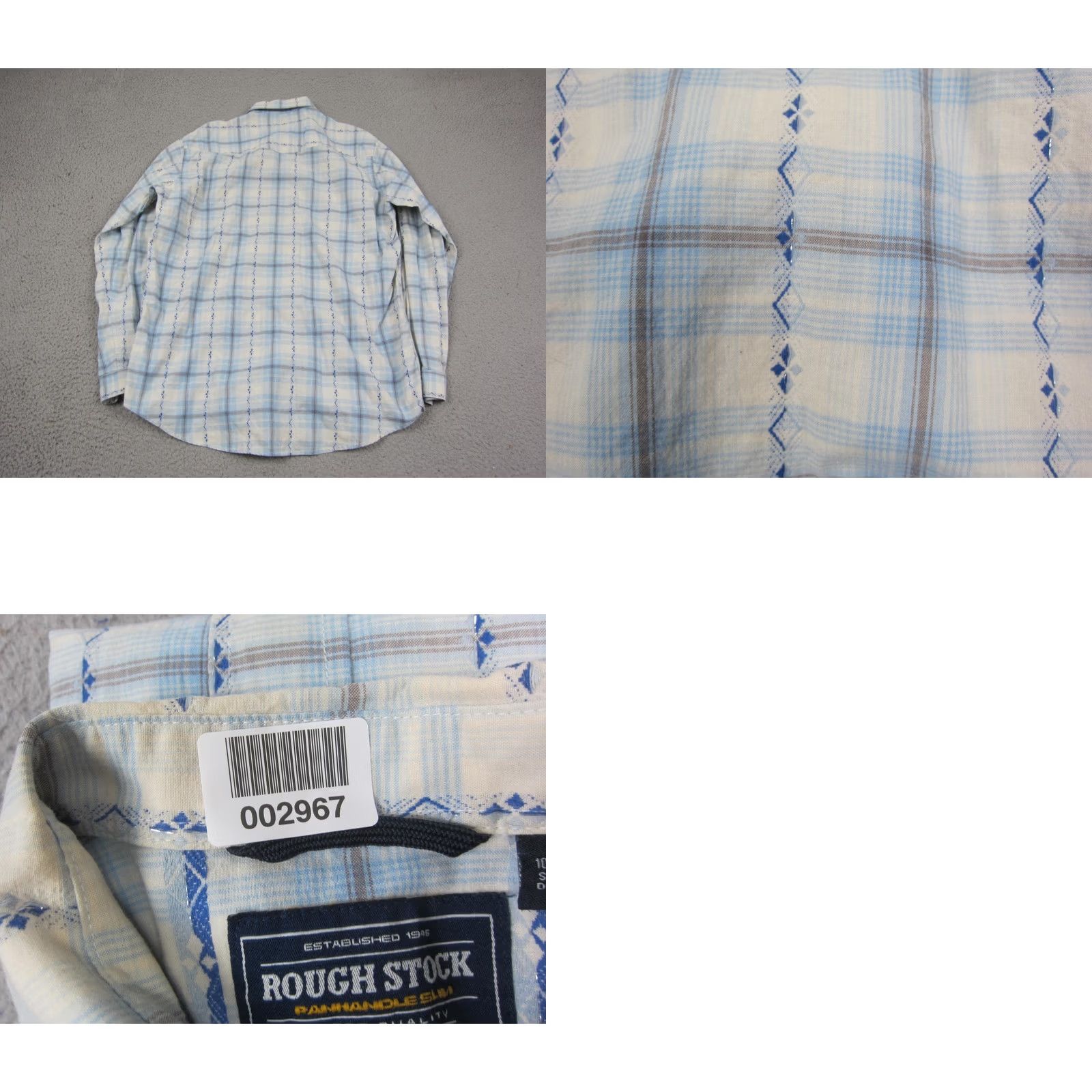 Vintage Rough Stock Shirt Mens Large White Blue Plaid Panhandle Western Slim Snap 90s Size US L / EU 52-54 / 3 - 8 Thumbnail