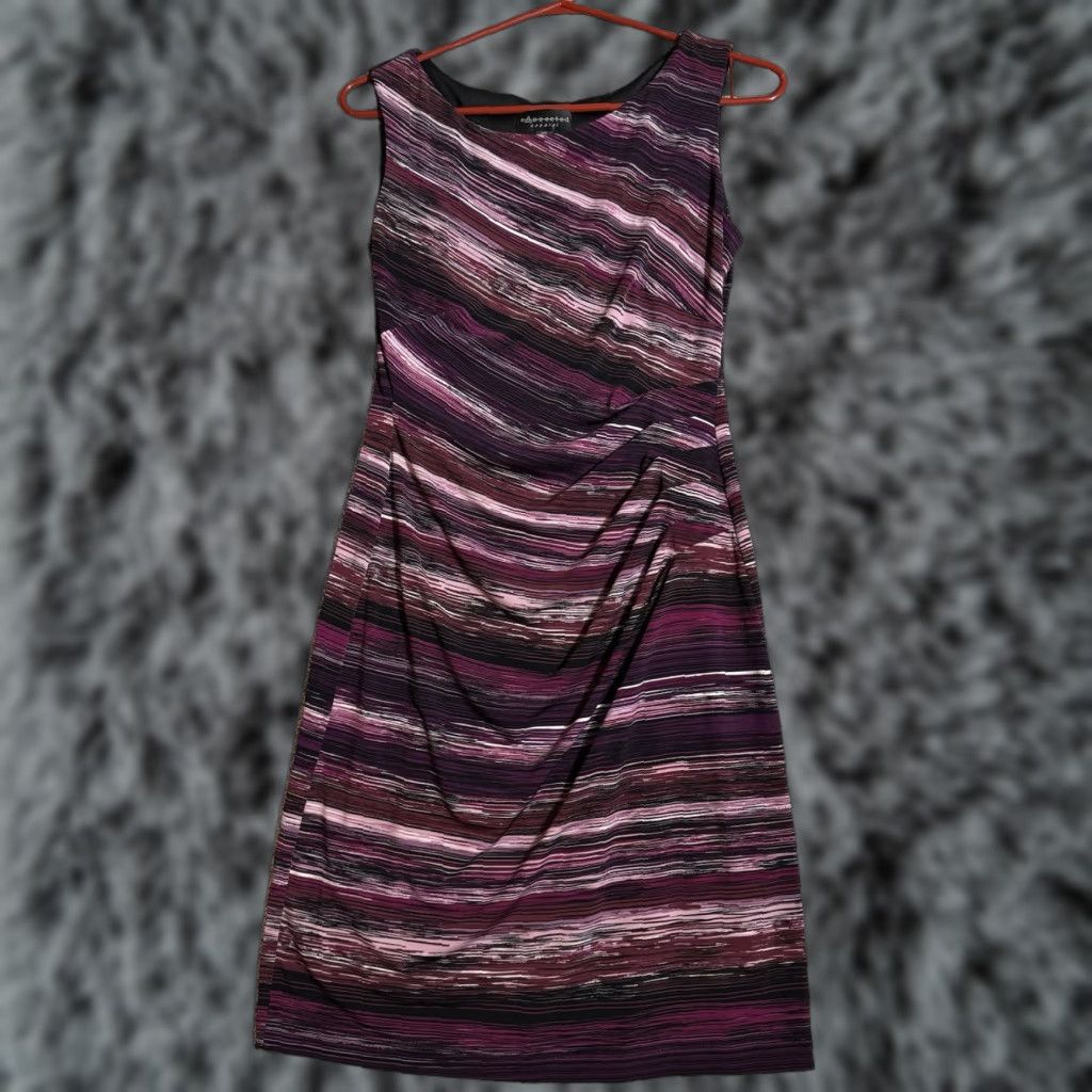 Vintage Connected Dress Womens 4P Petite Chic Evening Wear Striped Draped Party Mini Sheath Sleeveless Round Neck Purple Polyester Spandex Woman Size S / US 4 / IT 40 - 1 Thumbnail