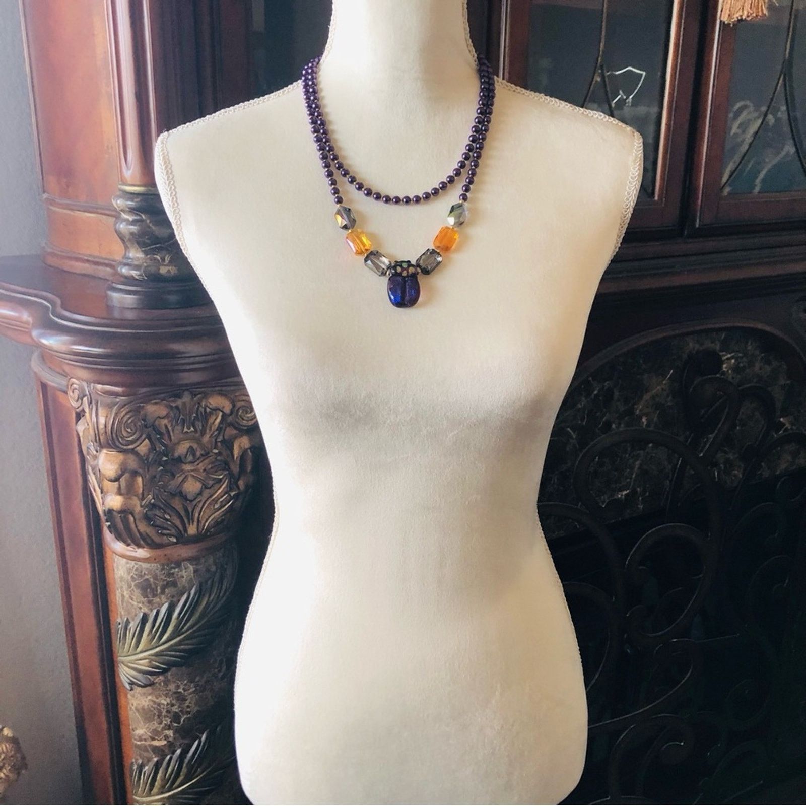 Handmade Handcrafted double strand Pearl scarab pendant necklace Size ONE SIZE - 5 Thumbnail