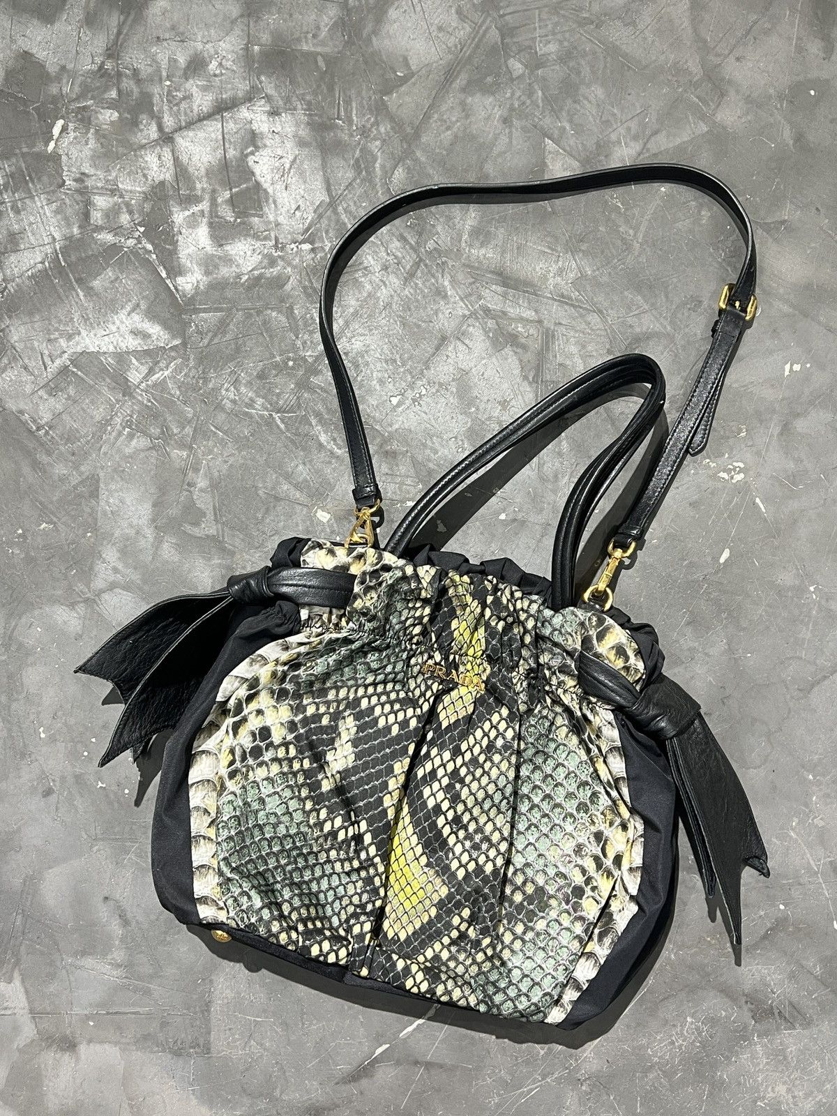 Prada PRADA Green/Black Python Print Nylon Small Bow Satchel Bag Size ONE SIZE - 1 Thumbnail