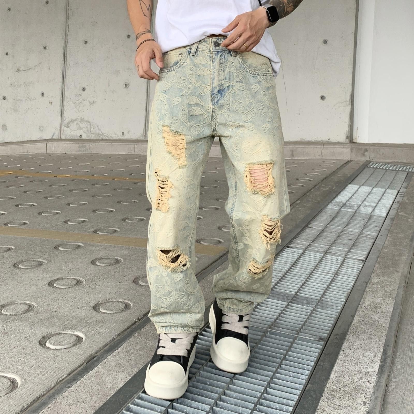Japanese Brand Distressed Paisley Ripped Straight Jeans Size US 32 / EU 48 - 2 Thumbnail