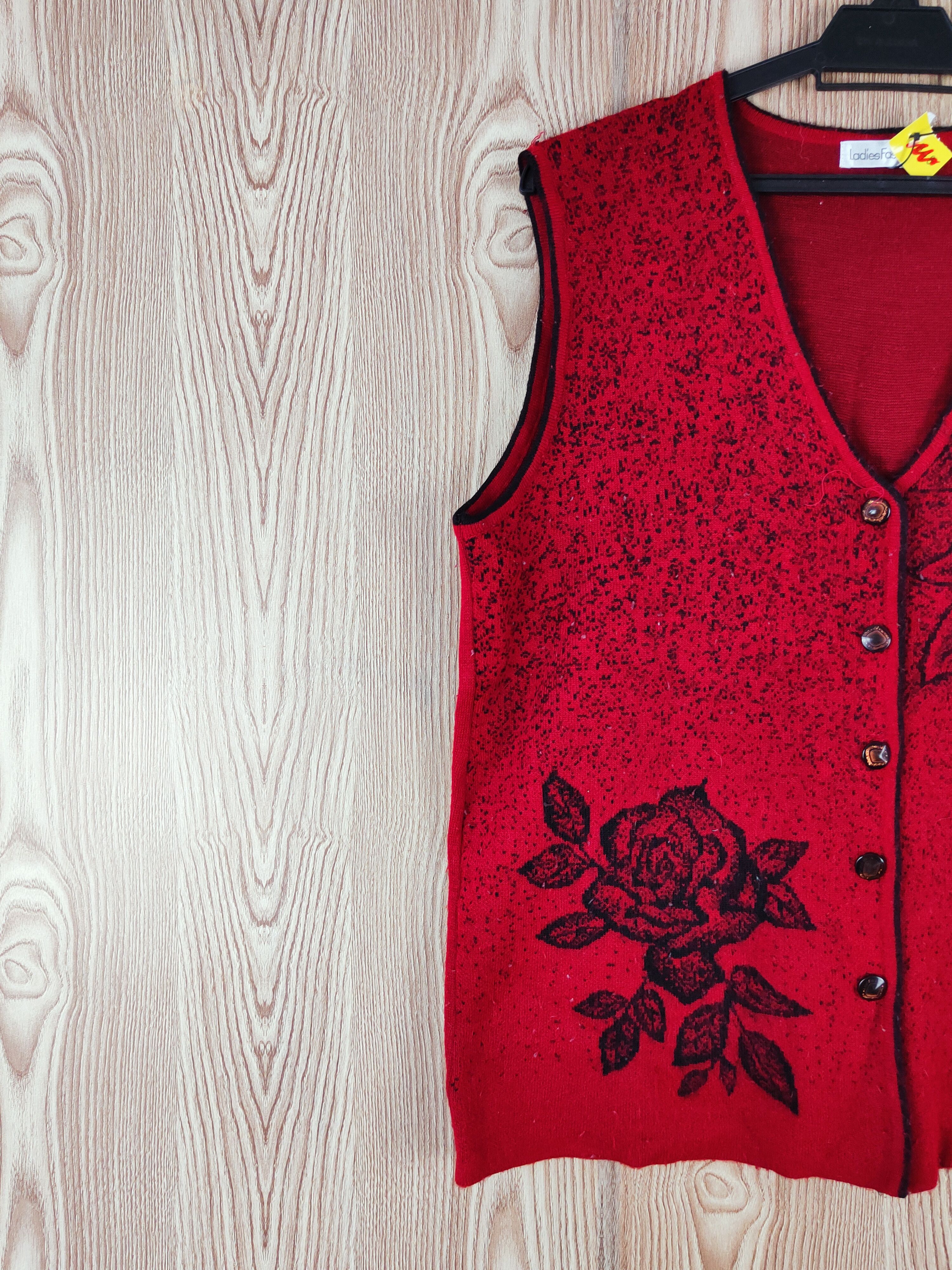 Vintage Ladies Fashion Red Roses Knitwear Cardigan Vests #W164 Size L / US 10 / IT 46 - 4 Thumbnail