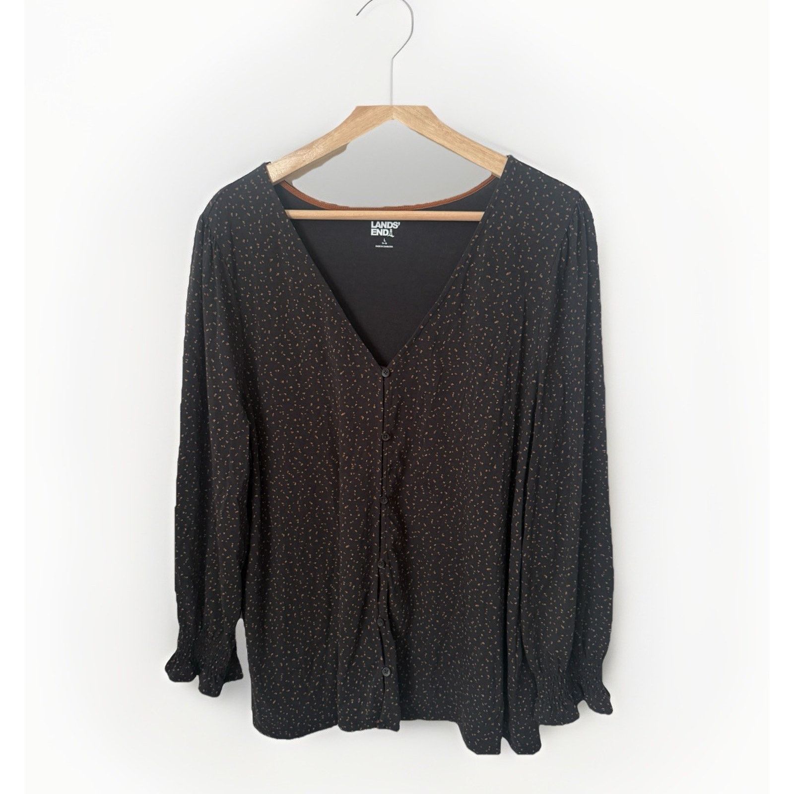 Lands' End Lands' End Lightweight Jersey Black Terrazzo Dot Button Top Size L / US 10 / IT 46 - 1 Thumbnail