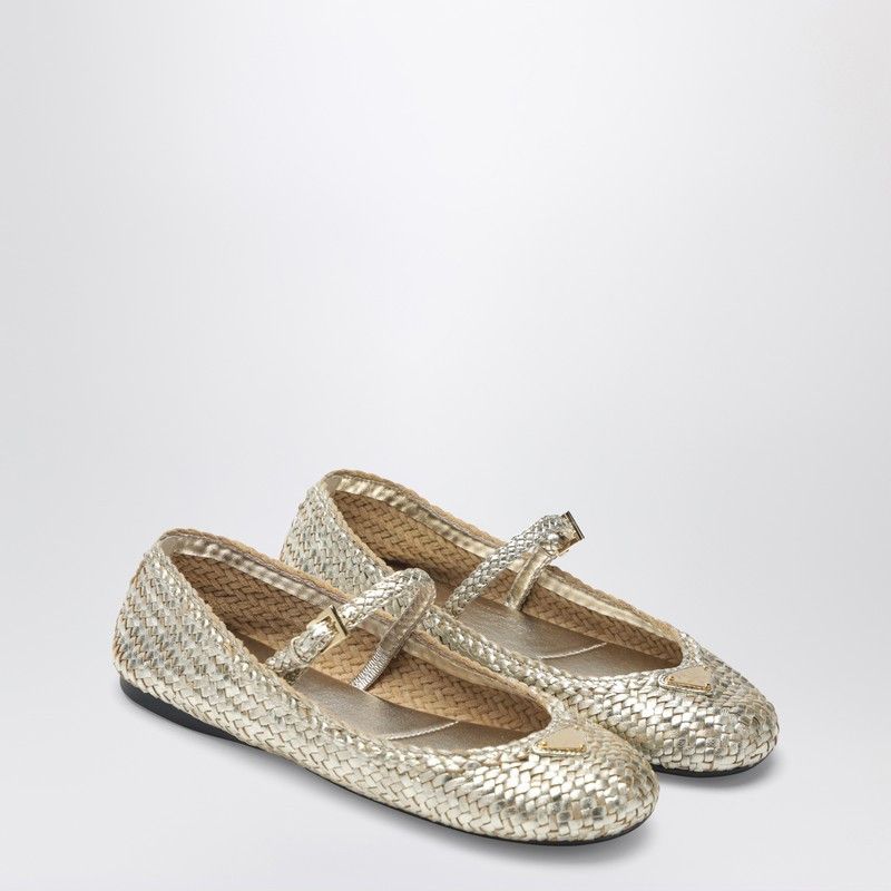 Prada Gold Woven Leather Ballet Flats