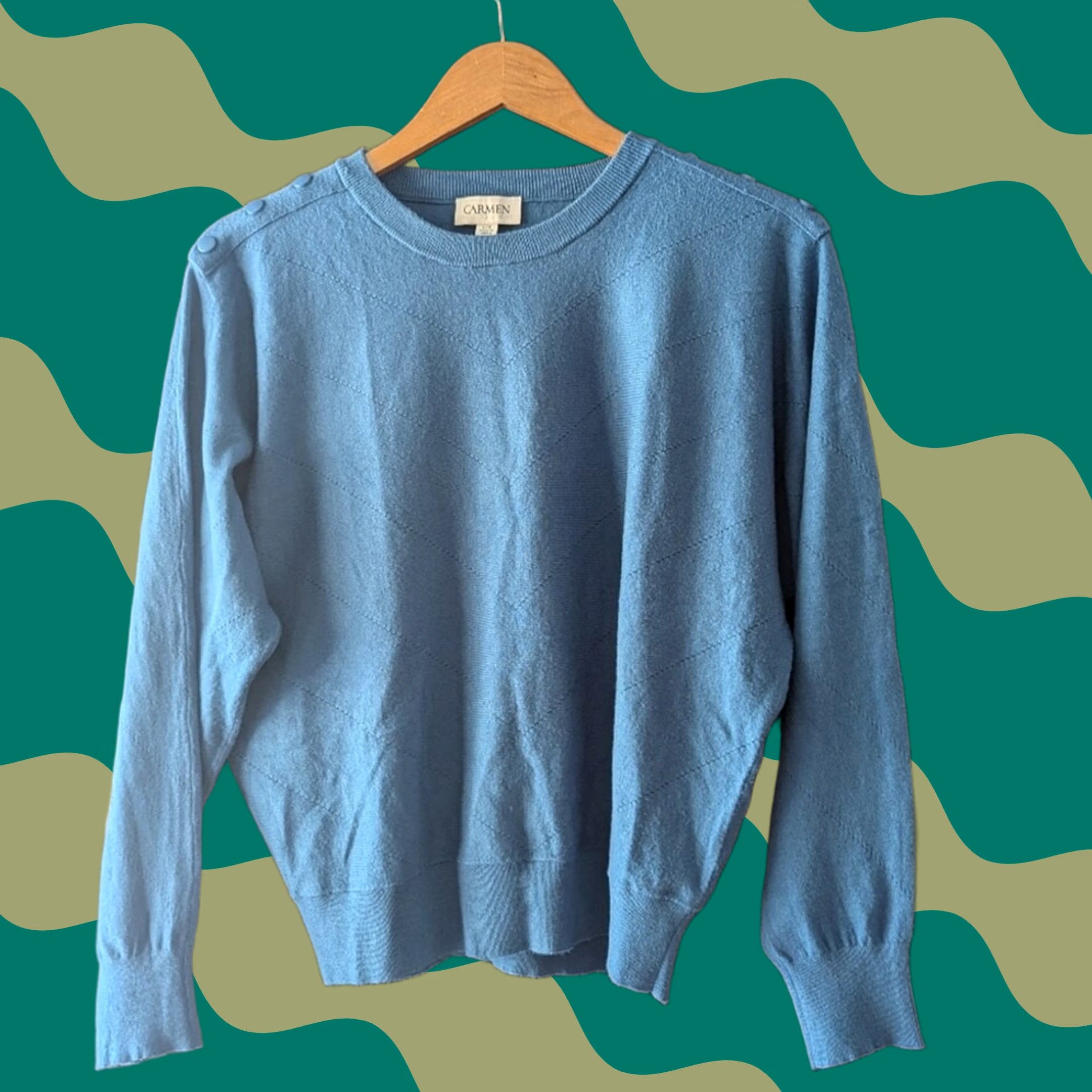 Vintage Carmen Marc Valvo Blue Chevron Pointelle Knit Shoulder Button Sweater Large Size L / US 10 / IT 46 - 1 Thumbnail