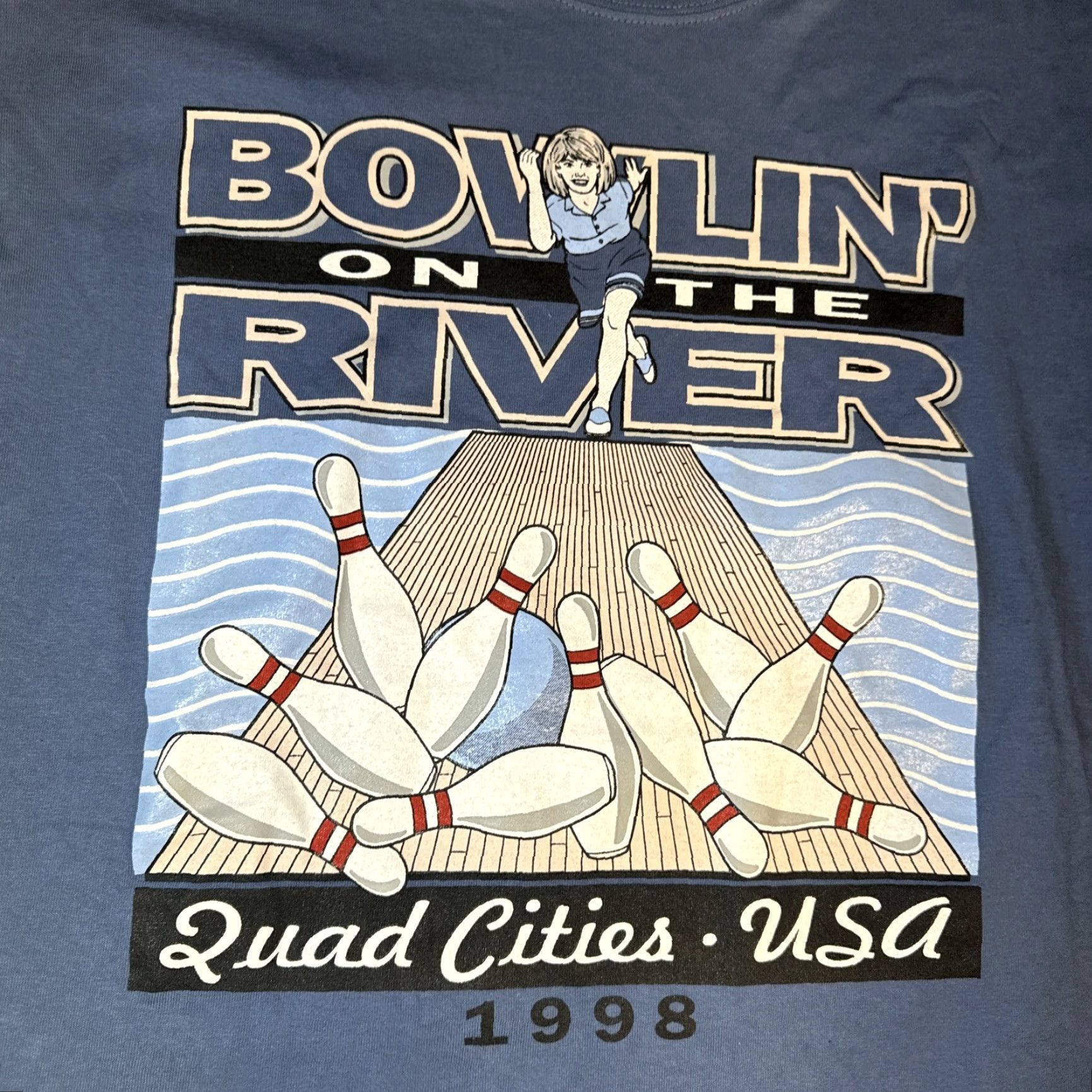 Hanes VINTAGE 1998 Bowling on the River Quad Cities Blue T-Shirt XL Men Size US XL / EU 56 / 4 - 3 Thumbnail