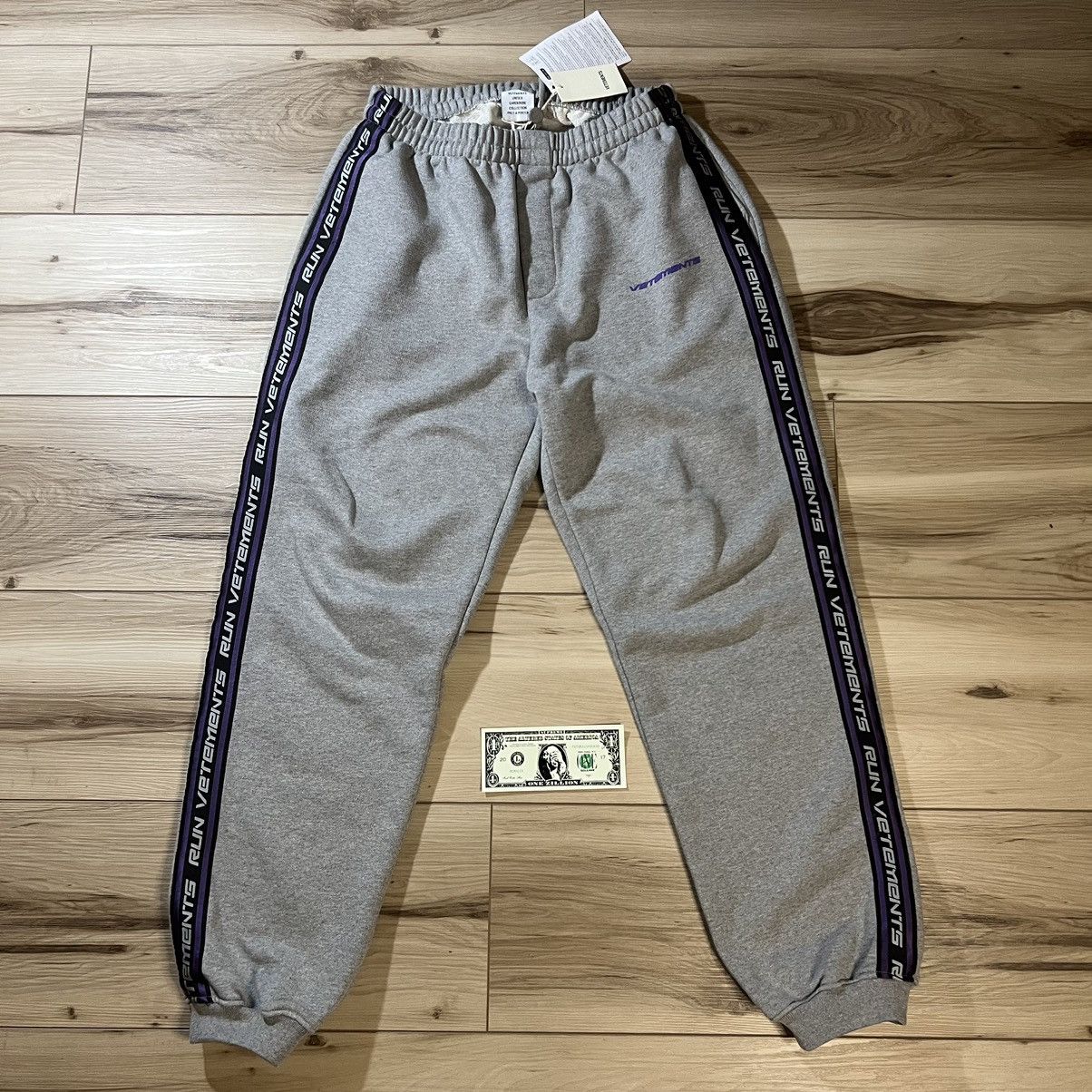 image of Vetements Run Logo Tape Grey Melange Elastic Cuff Sweatpants, Men's (Size 34)
