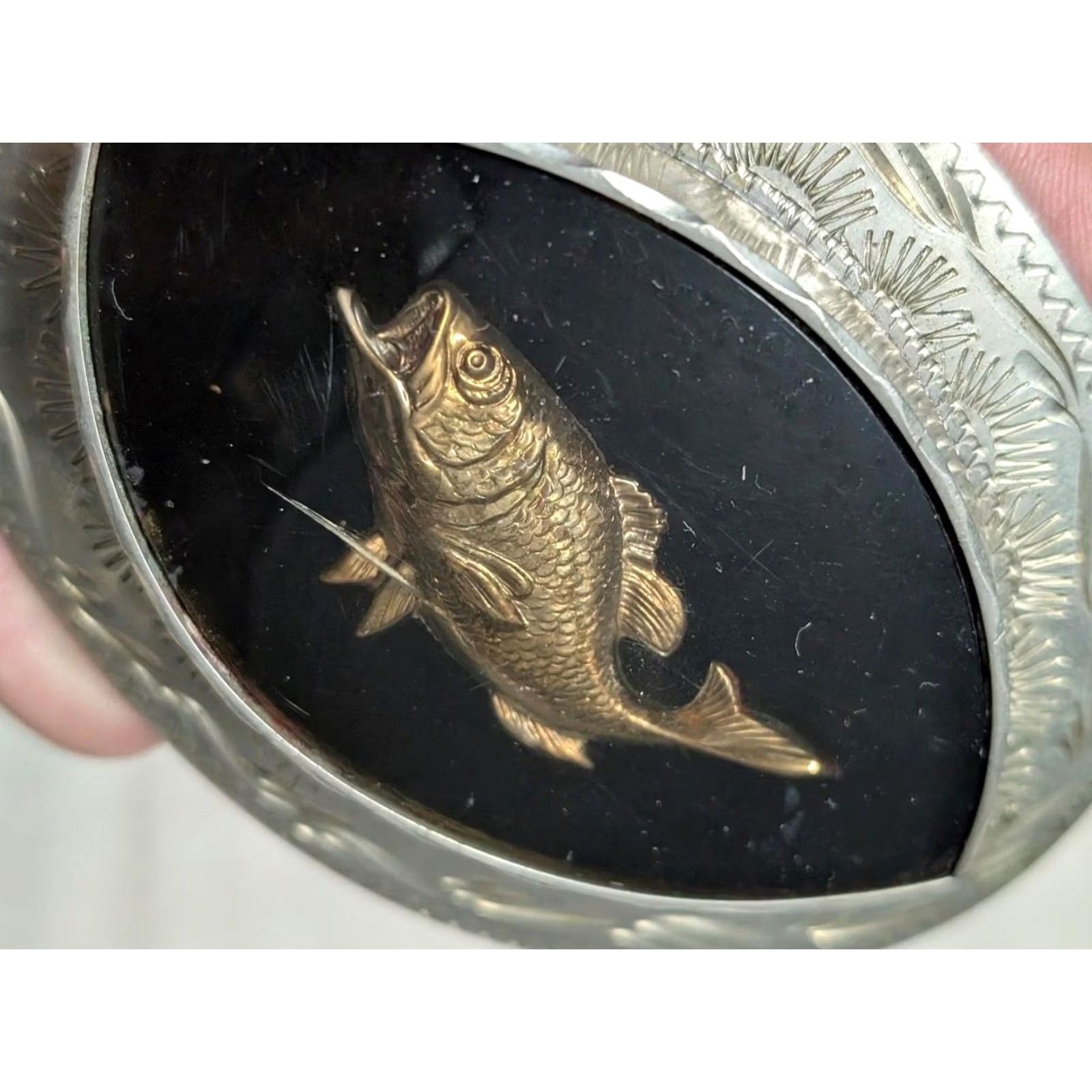 Vintage VINTAGE Western Jewelry belt buckle FISHING BASS German Silver Men Engraved 2.75" x 4" Fits 1.5" Womens? Size ONE SIZE - 8 Thumbnail
