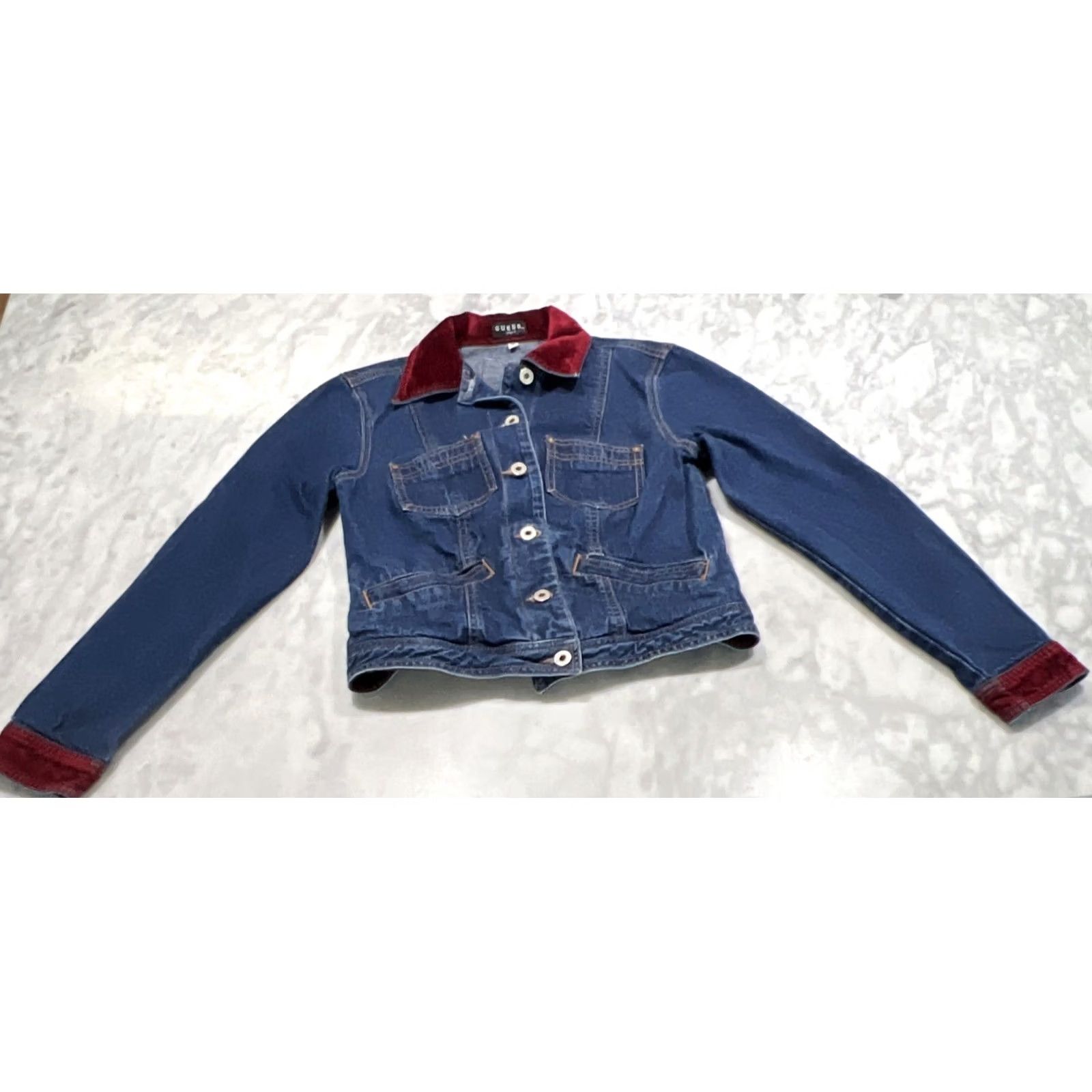 Guess VINTAGE Guess Glamour Denim Jacket Medium Red Velvet Trim Trucker USA Shirt Women's M 90s Biker Pockets Size M / US 6-8 / IT 42-44 - 7 Thumbnail