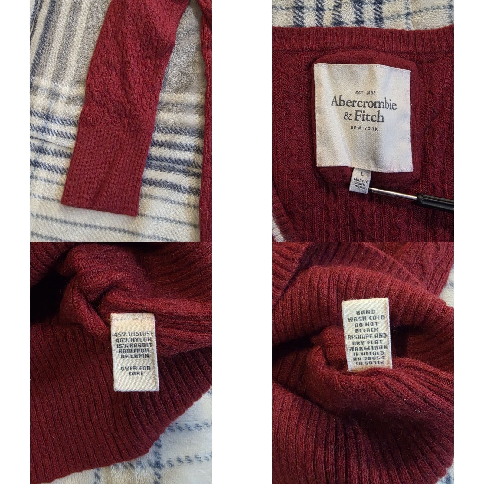 Abercrombie & Fitch VINTAGE Abercrombie & Fitch Cable Knit Long Sleeve Stretch Top Red Women's Large Blouse Slim V-Neck 3/4 Sleeve Embroidered Preppy 90s Casual Shirt Size L / US 10 / IT 46 - 8 Thumbnail