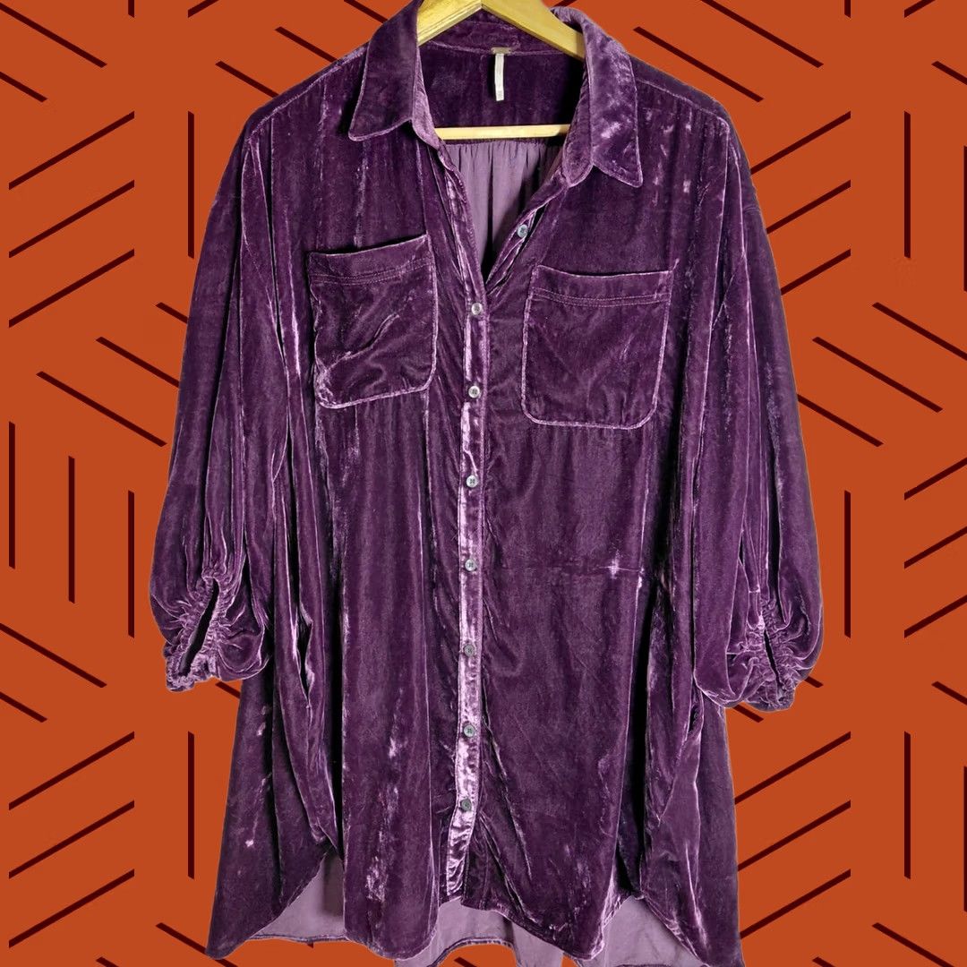 Free People Free People Shirt Dress Viscose Velvet Button-Up Purple XS Womens Long Sleeve Collared Solid Button Front Casual Size XS / US 0-2 / IT 36-38 - 1 Thumbnail