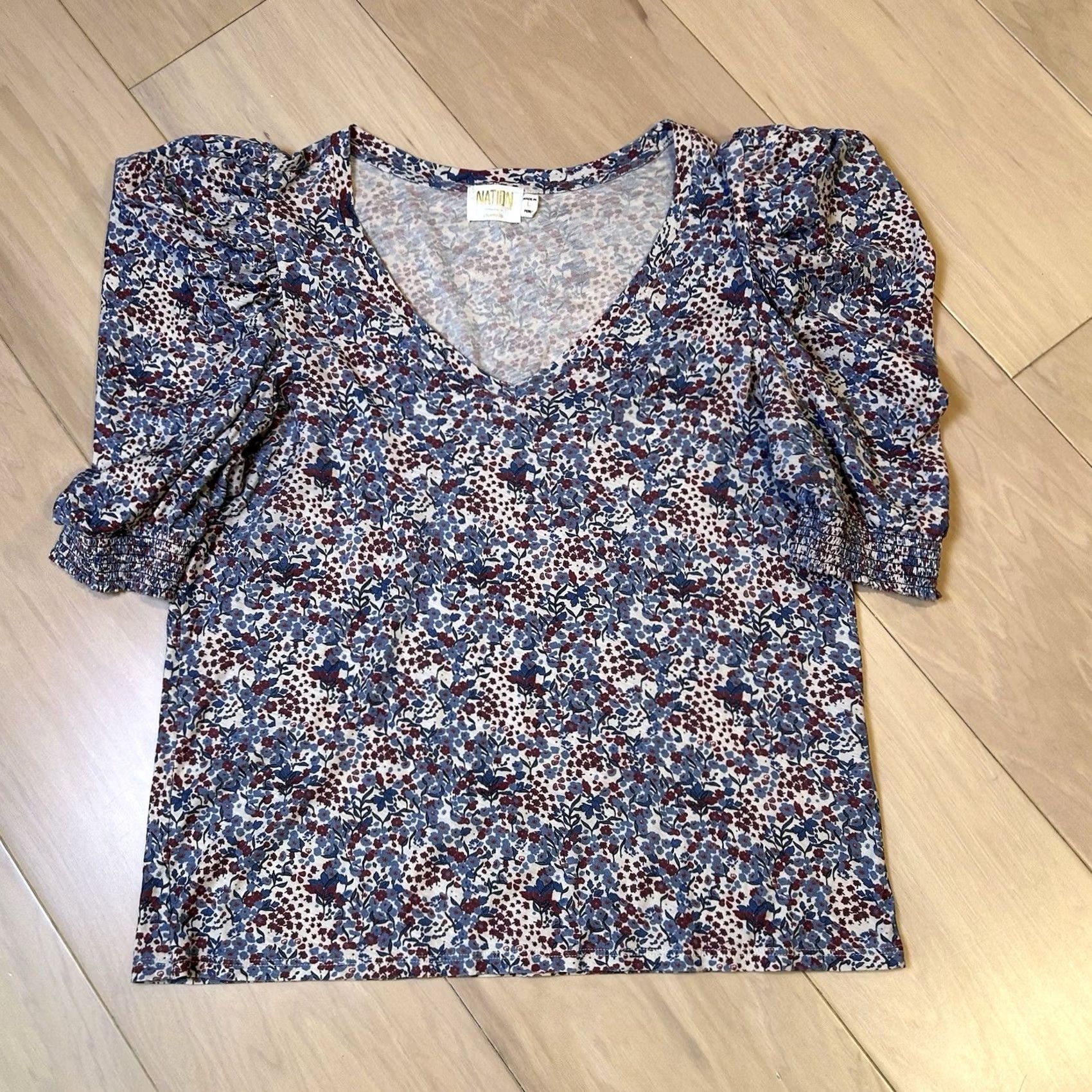 Nation LTD Nation LTD V-Neck Floral Tee Puff Short Sleeve Women’s Large Size 36" / US 14 / IT 50 - 2 Thumbnail