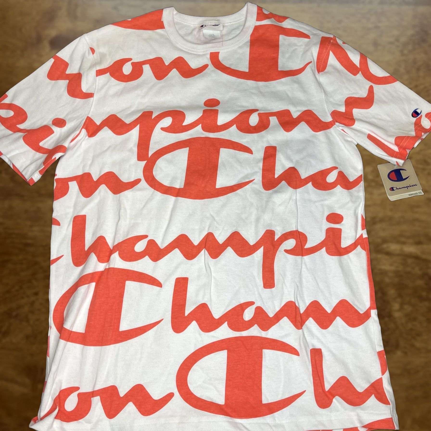 Champion VINTAGE Champion Shirt Mens Large White Orange Allover Logo Graphic Athletic Tee Size US L / EU 52-54 / 3 - 1 Thumbnail