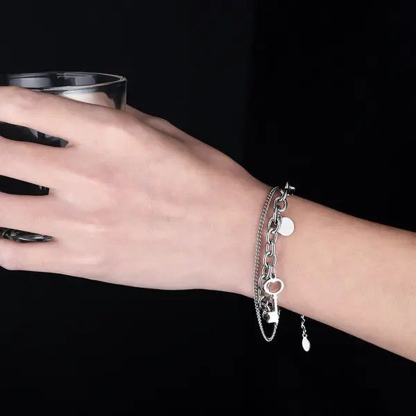 Jewelry Silver Double Chain Key Charm Bracelet, Layered Bracelet Size ONE SIZE - 7 Thumbnail