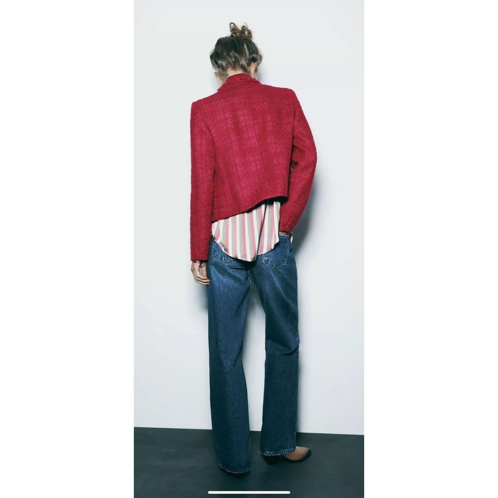 Zara Double-Breasted Blazer Jacket With Frayed Edges Tweed