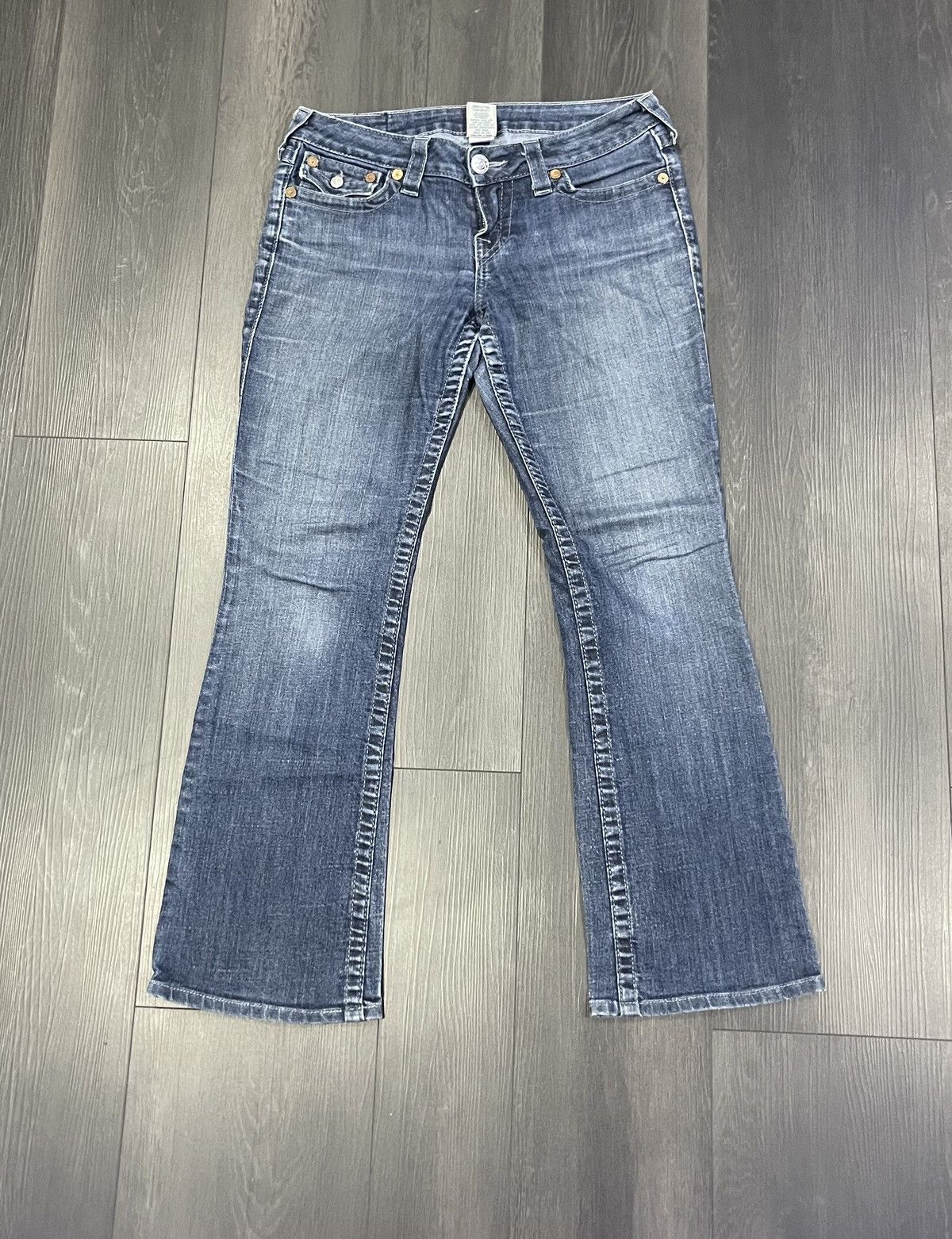 image of Y2K True Religion Faded Low Rise Flare Jeans in Blue, Women's (Size 29)