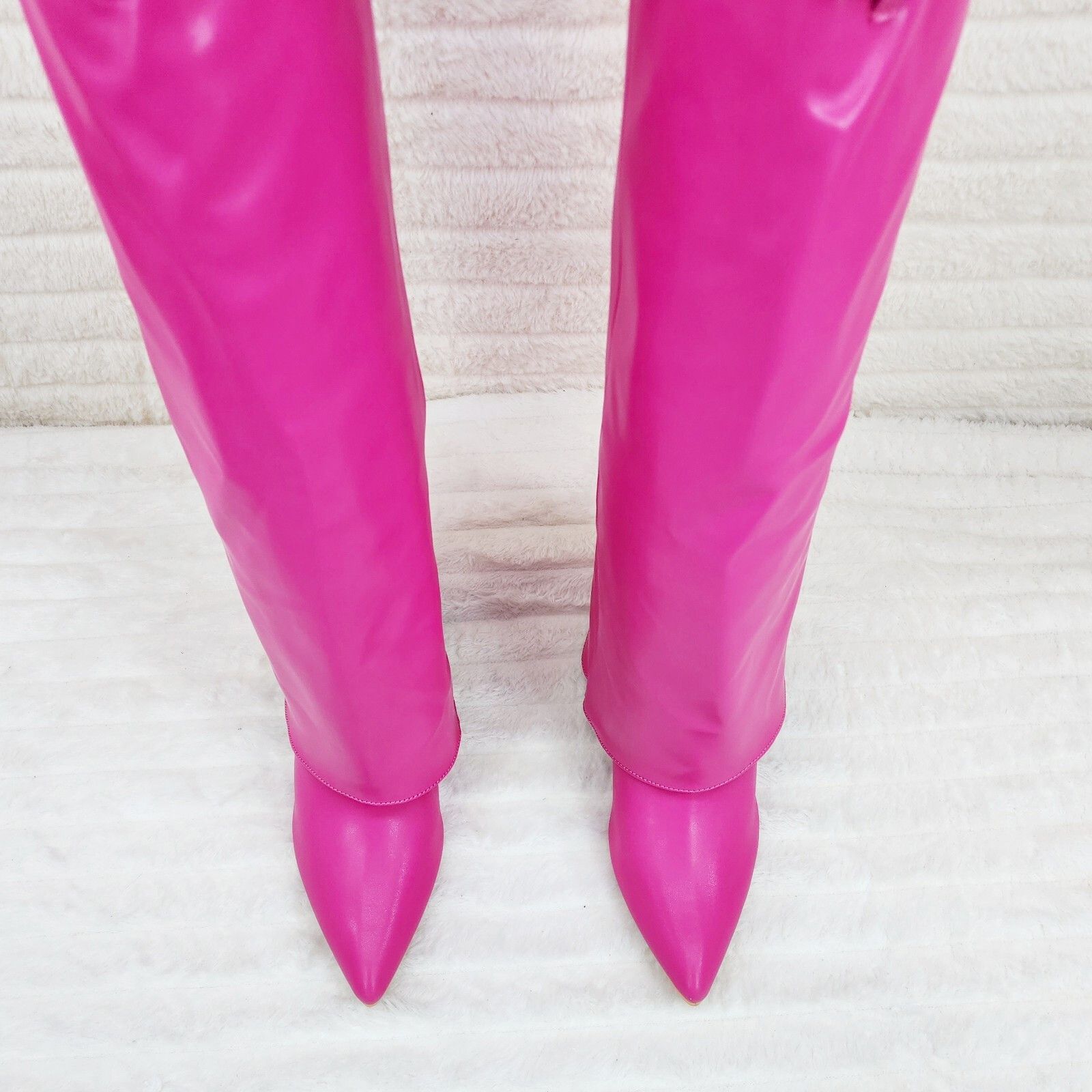 Other Paris Fuchsia Pink Skirted Fold Over 3.5" Block Heel Knee Hi Size US 7 / IT 37 - 4 Thumbnail