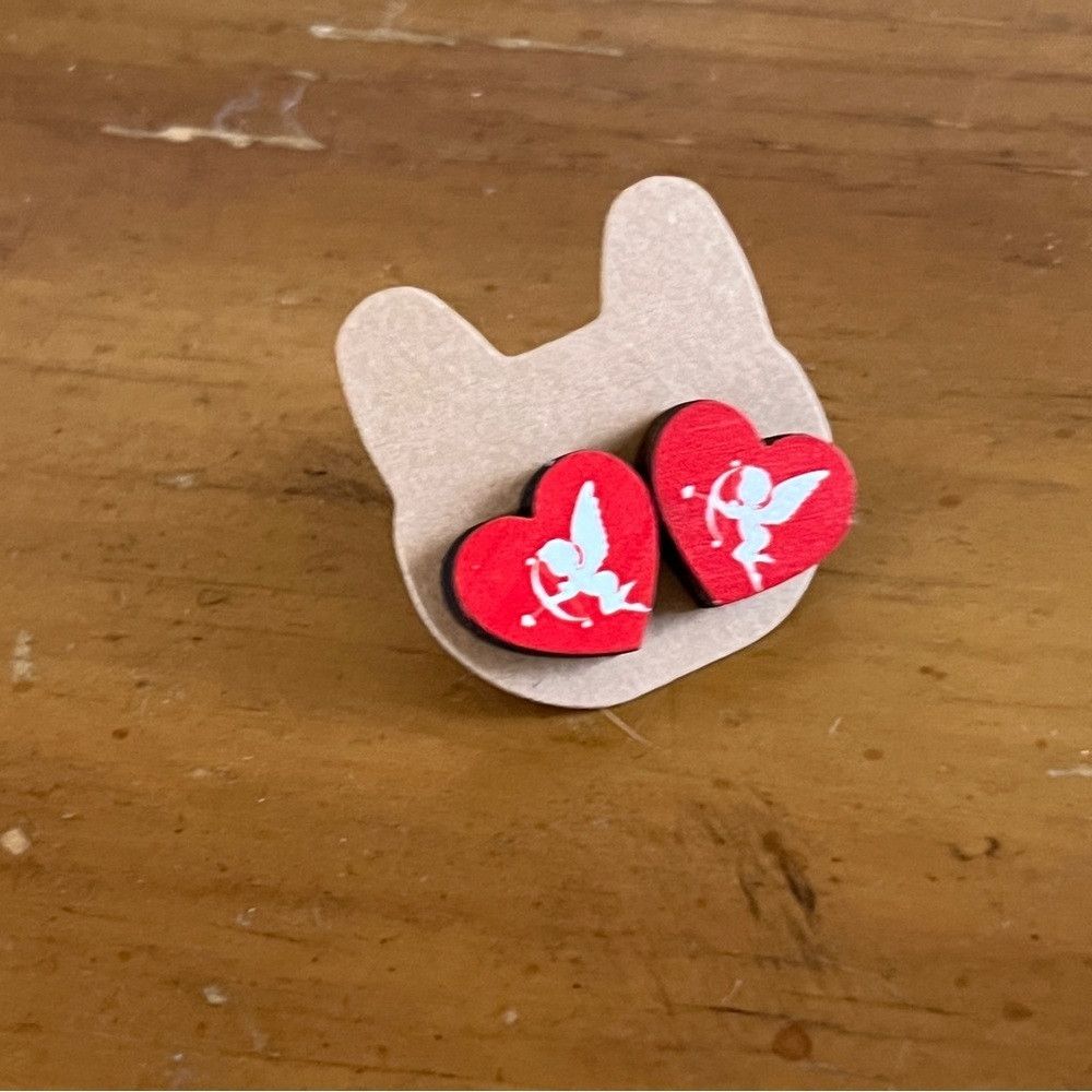 Human Made Handmade Cupid Red Love Heart Stud Wood Earrings Red White Size ONE SIZE - 2 Thumbnail
