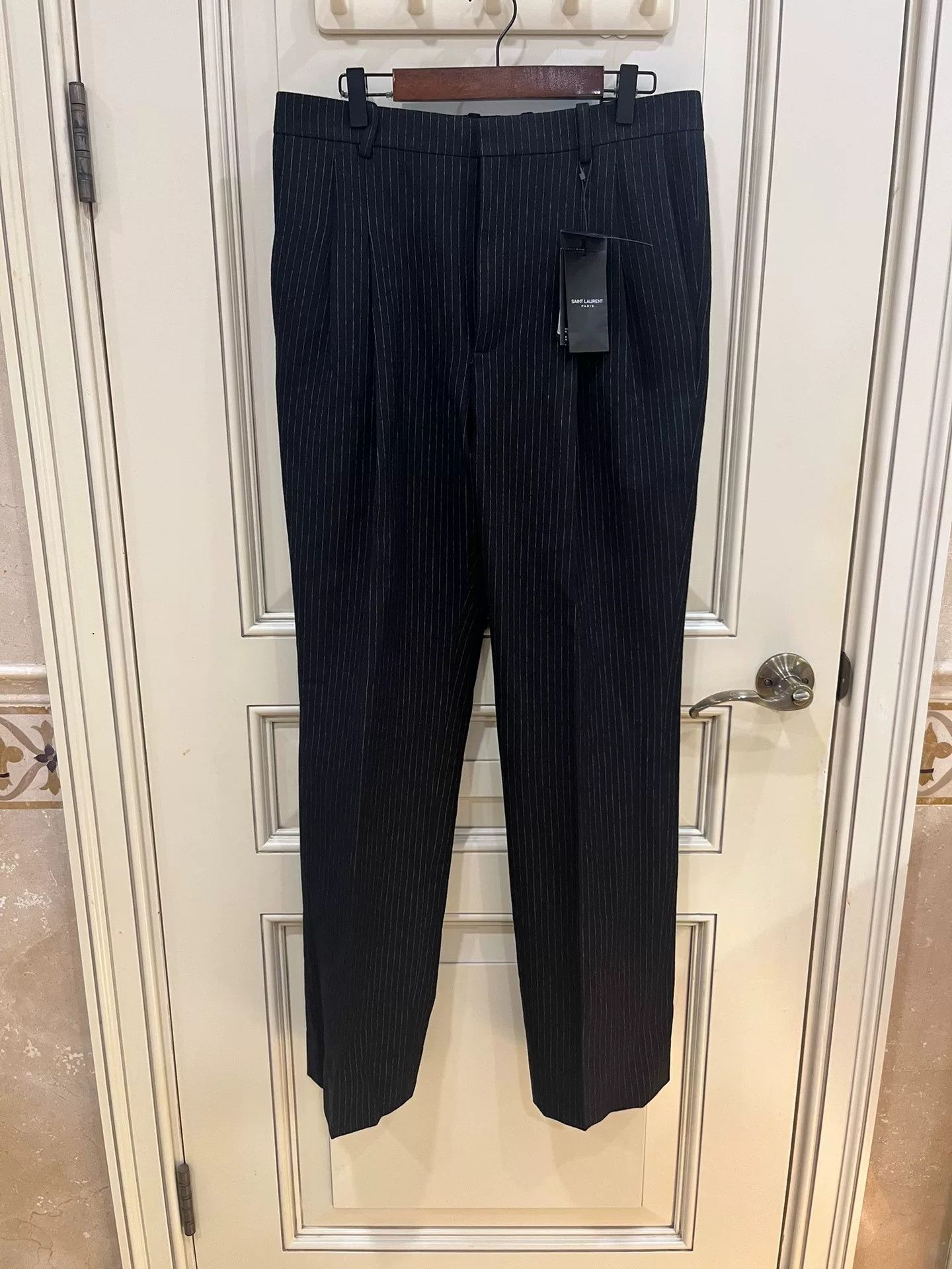 Saint Laurent Paris Saint Laurent Black Pinstripe Wool Trousers Size 42" / US 20 - 1 Thumbnail