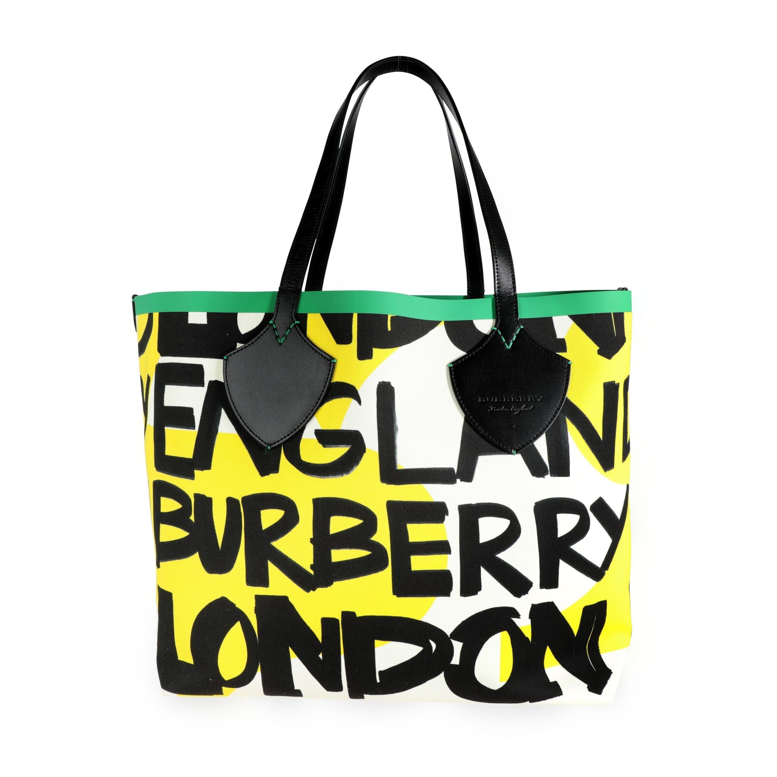 image of Burberry Black & Green Graffiti Print Canvas Reversible Giant Tote Bag in Yellow, Women's