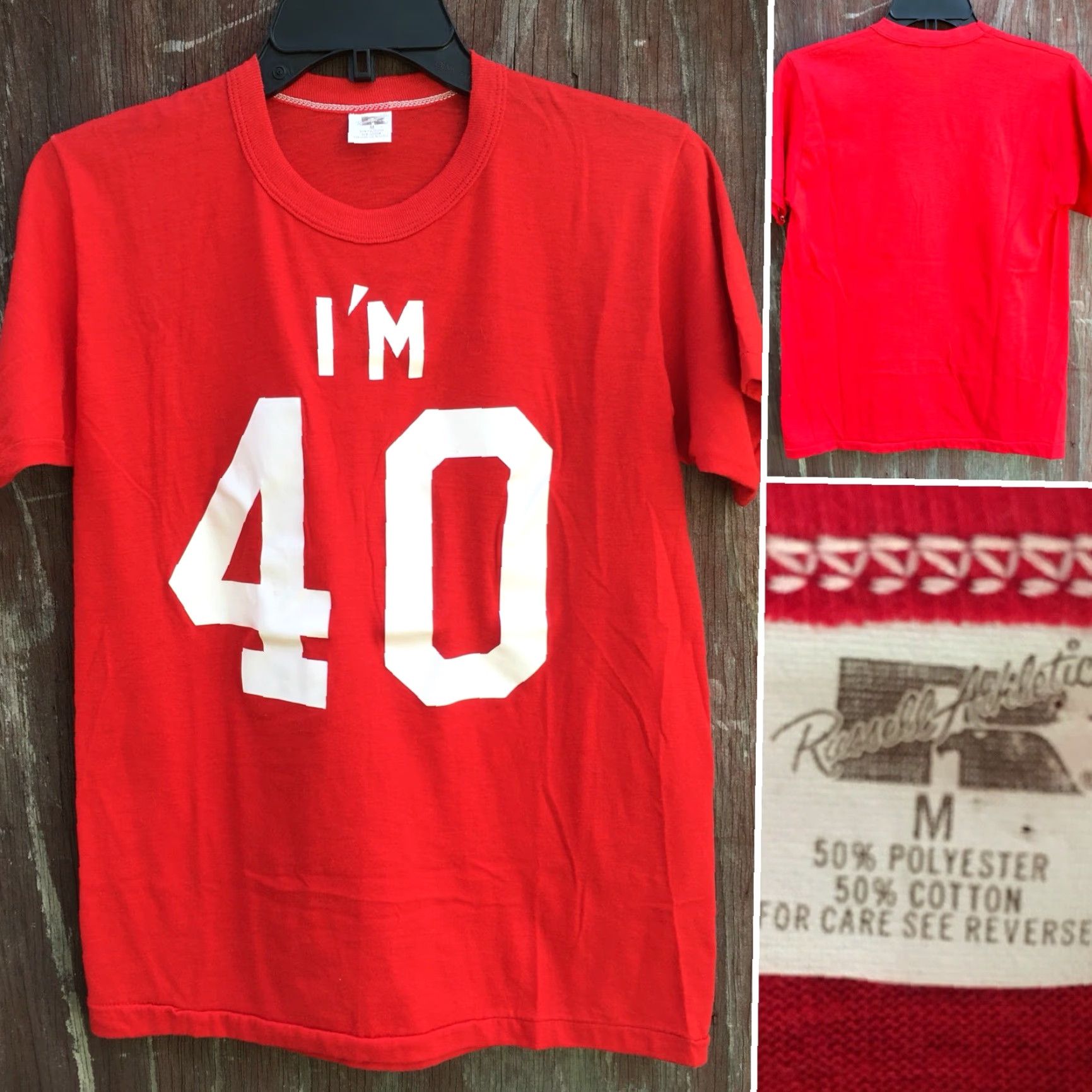 Russell Athletic VINTAGE Russell Athletic Shirt Unisex M 1970s Red 50% Polyester 50% Cotton I’M 40 T Shirt Iron On Tee Graphic Tee 70s Size US M / EU 48-50 / 2 - 6 Thumbnail