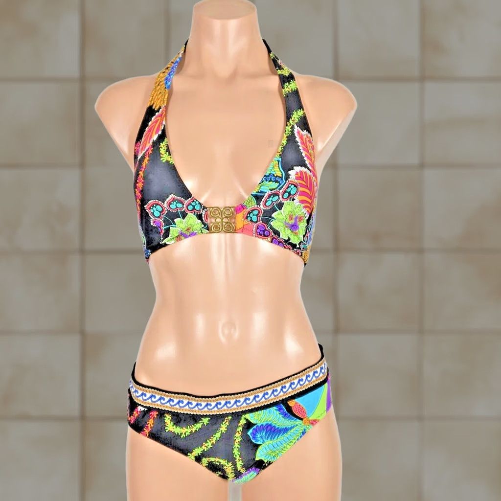 Trina Turk Tina Turk Bikini Halter Top Multicolor Neon Geometric Cheeky Bottoms sz 8 Size M / US 6-8 / IT 42-44 - 1 Thumbnail