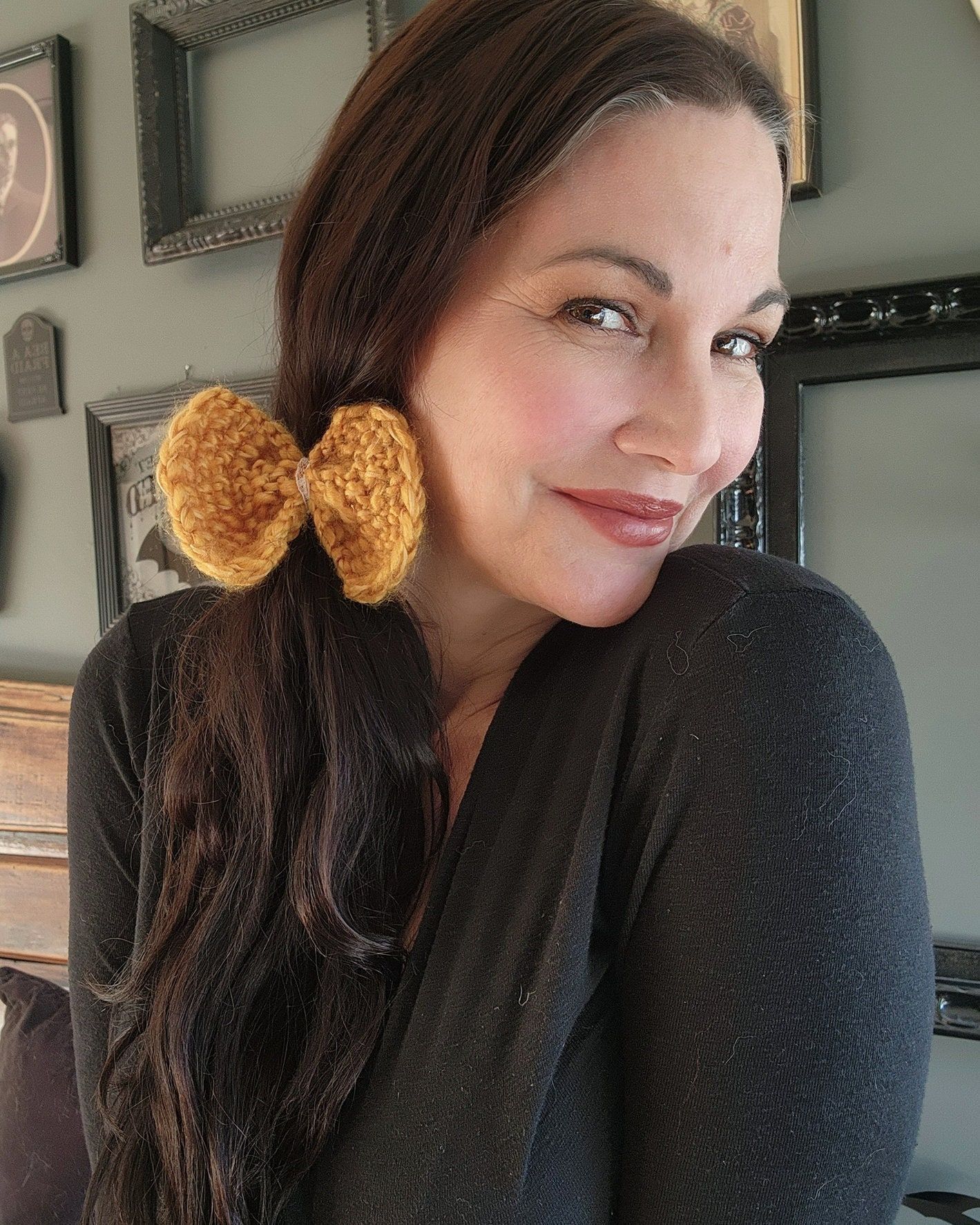 Handmade Knit Hair Bow, Handknitted Golden Yellow Ponytail Holder or Size ONE SIZE - 7 Thumbnail