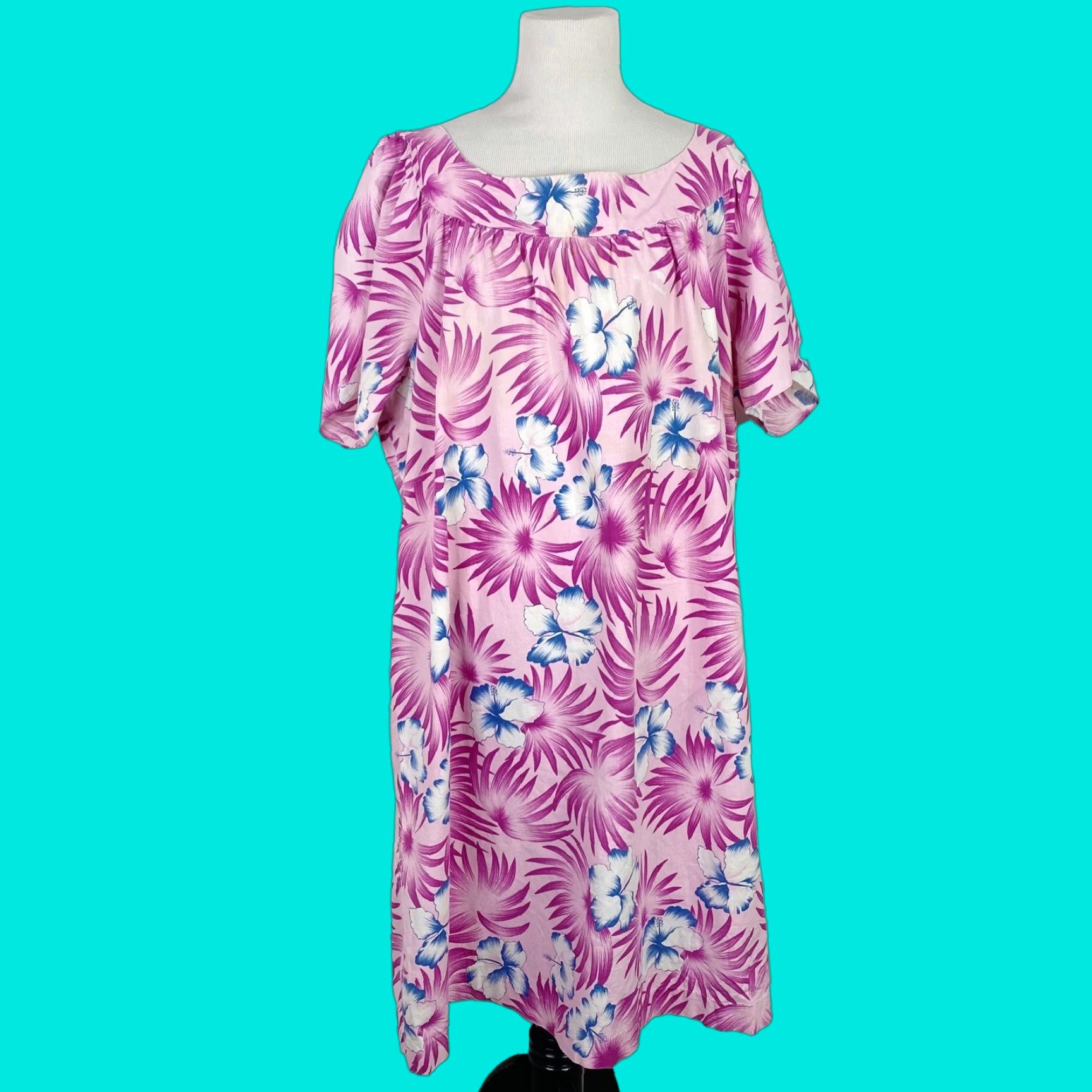 VINTAGE Hilo Hattie Kaftan Dress Womens Large Pink Floral Print Hawaii 1980s 1990s Casual Womens
