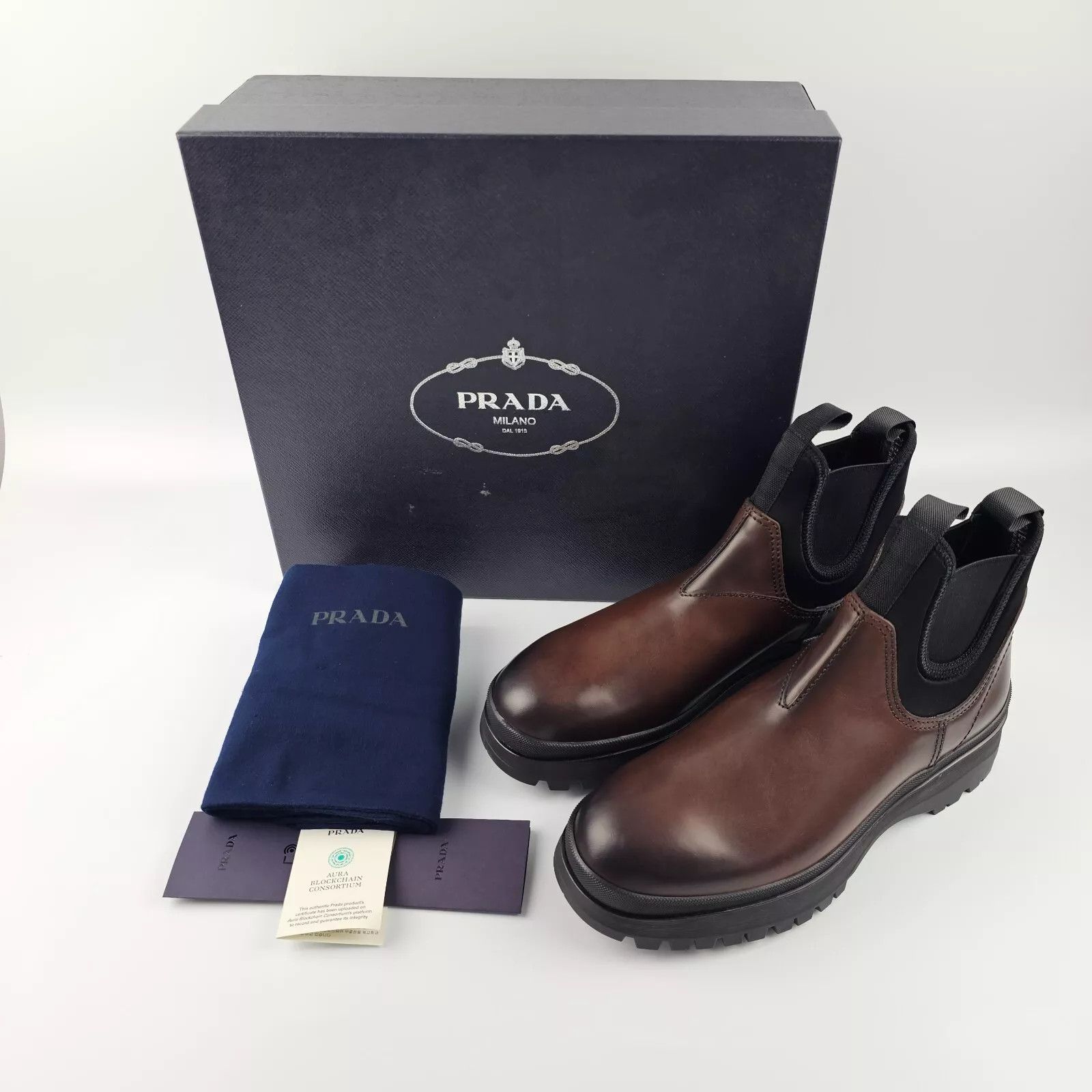 Prada PRADA Brown Leather Stretch Fabric Chelsea Boots Size US 5.5 / EU 38 - 3 Thumbnail