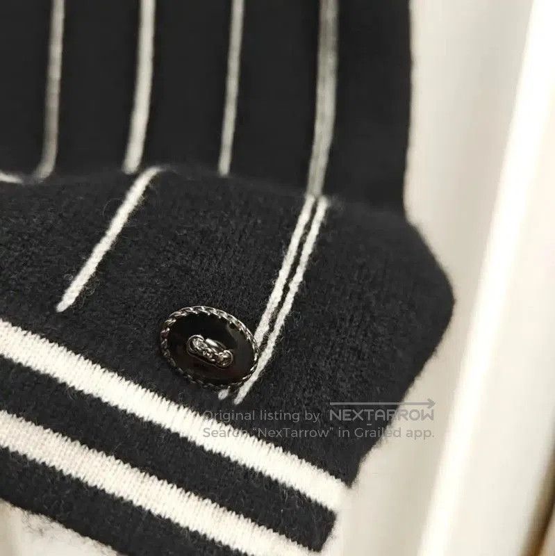 Chanel Black Striped Wool Short Sleeve Top .