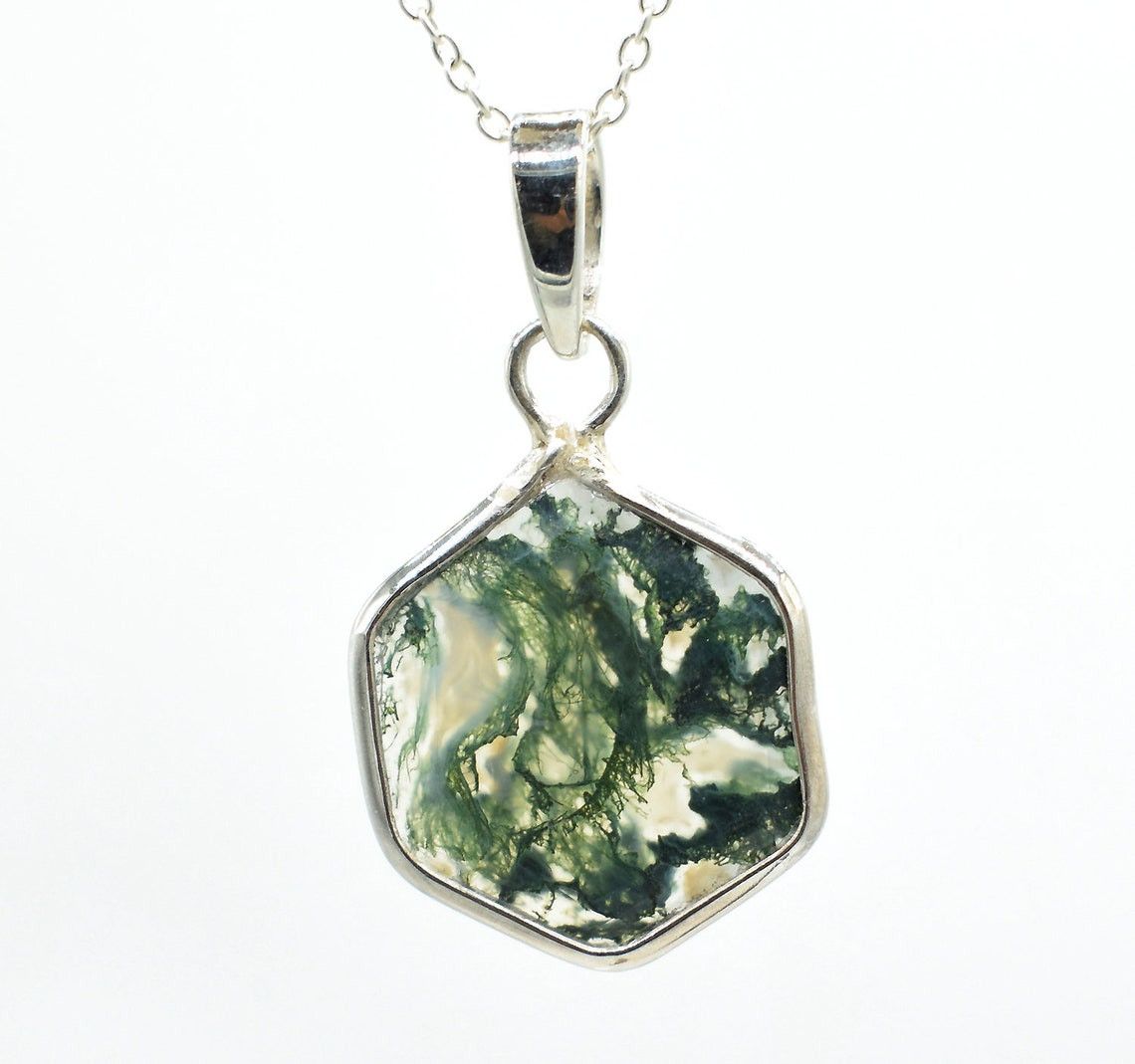 Handmade Natural Moss Agate 925 Silver Pendant Necklace - 18 Inch Size ONE SIZE - 2 Thumbnail