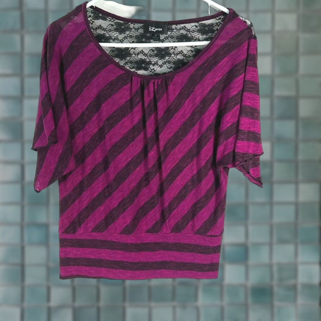 Vintage IZ Byer Womens Blouse Shirt Striped Lace Back Purple XL Dolman Sleeve Casual Regular Runtime: 22in 40in Chest Womens Fit 50% Rayon 50% Polyester Size XL / US 12-14 / IT 48-50 - 1 Thumbnail