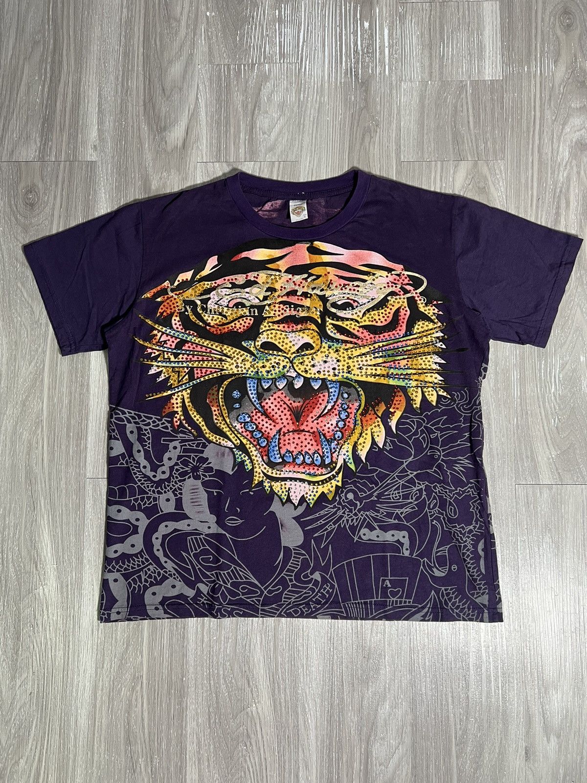 image of Y2K Ed Hardy Purple Tiger Gem Tee in Violet, Men's (Size XL)