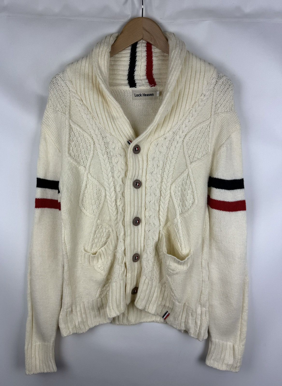 Japanese Brand Lock Heaven Japanese Cable Knit Shawl Cardigan Sweater Size US L / EU 52-54 / 3 - 1 Thumbnail