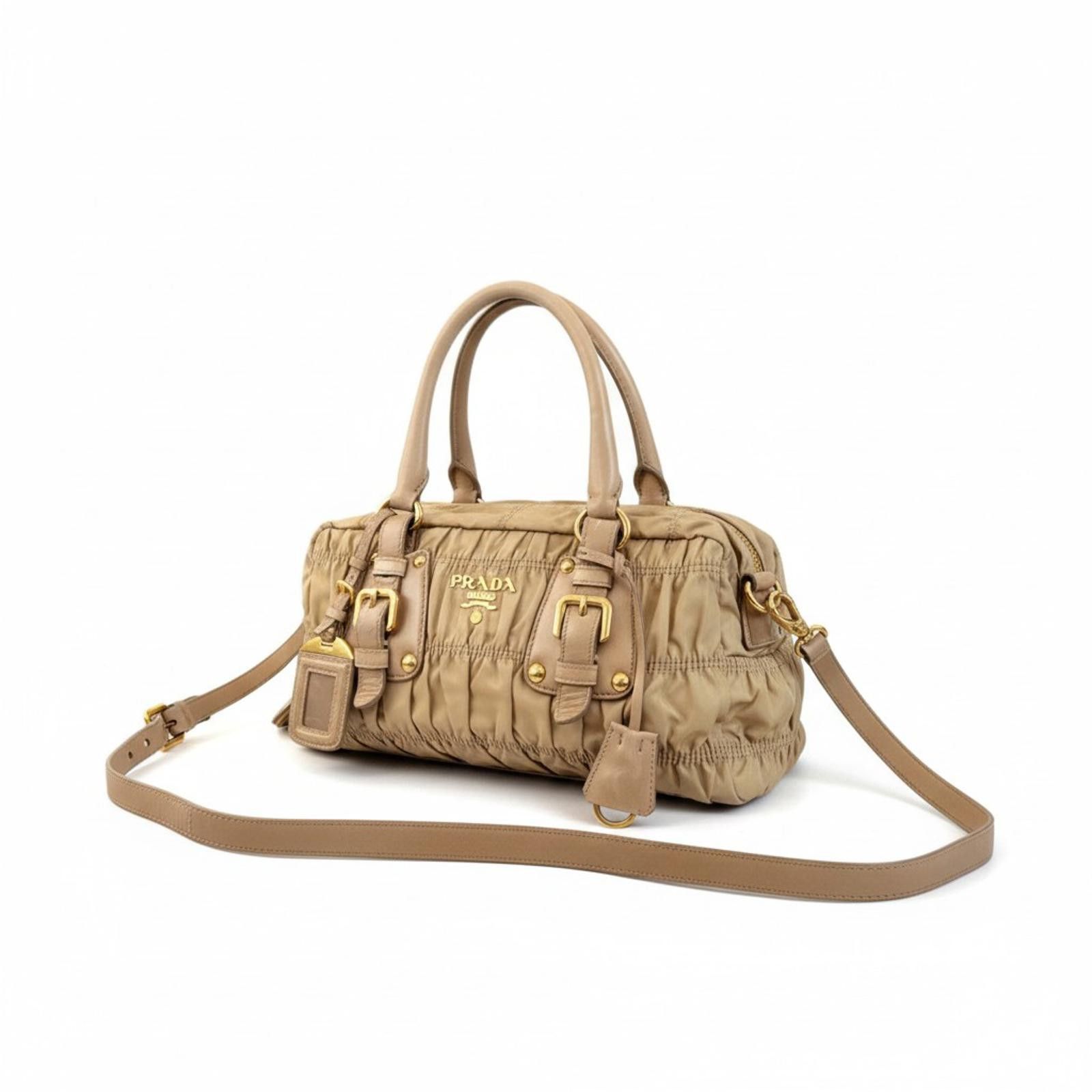 Prada Prada - Beige Ruched Leather Handbag Gold Hardware Size ONE SIZE - 1 Thumbnail