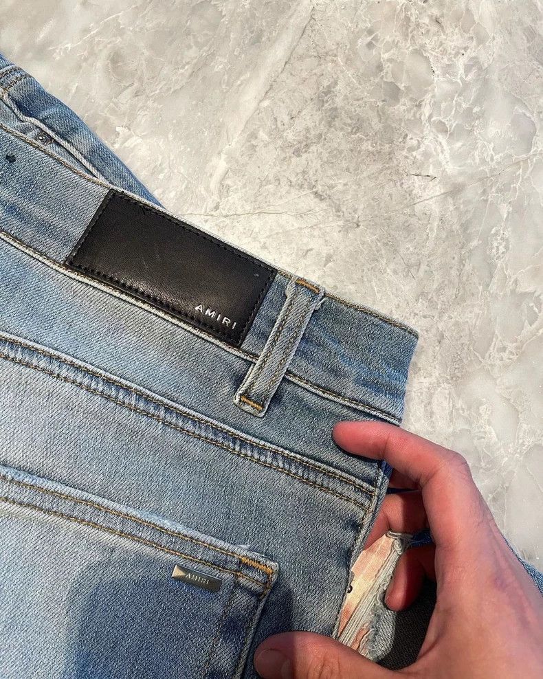 Amiri Amiri Blue Pink Watercolor Washed Leather and Patchwork Th Size US 32 / EU 48 - 3 Thumbnail