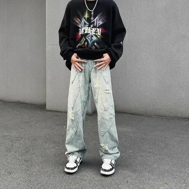 Japanese Brand Retro patchwork straight leg distressed jeans Size US 32 / EU 48 - 1 Thumbnail